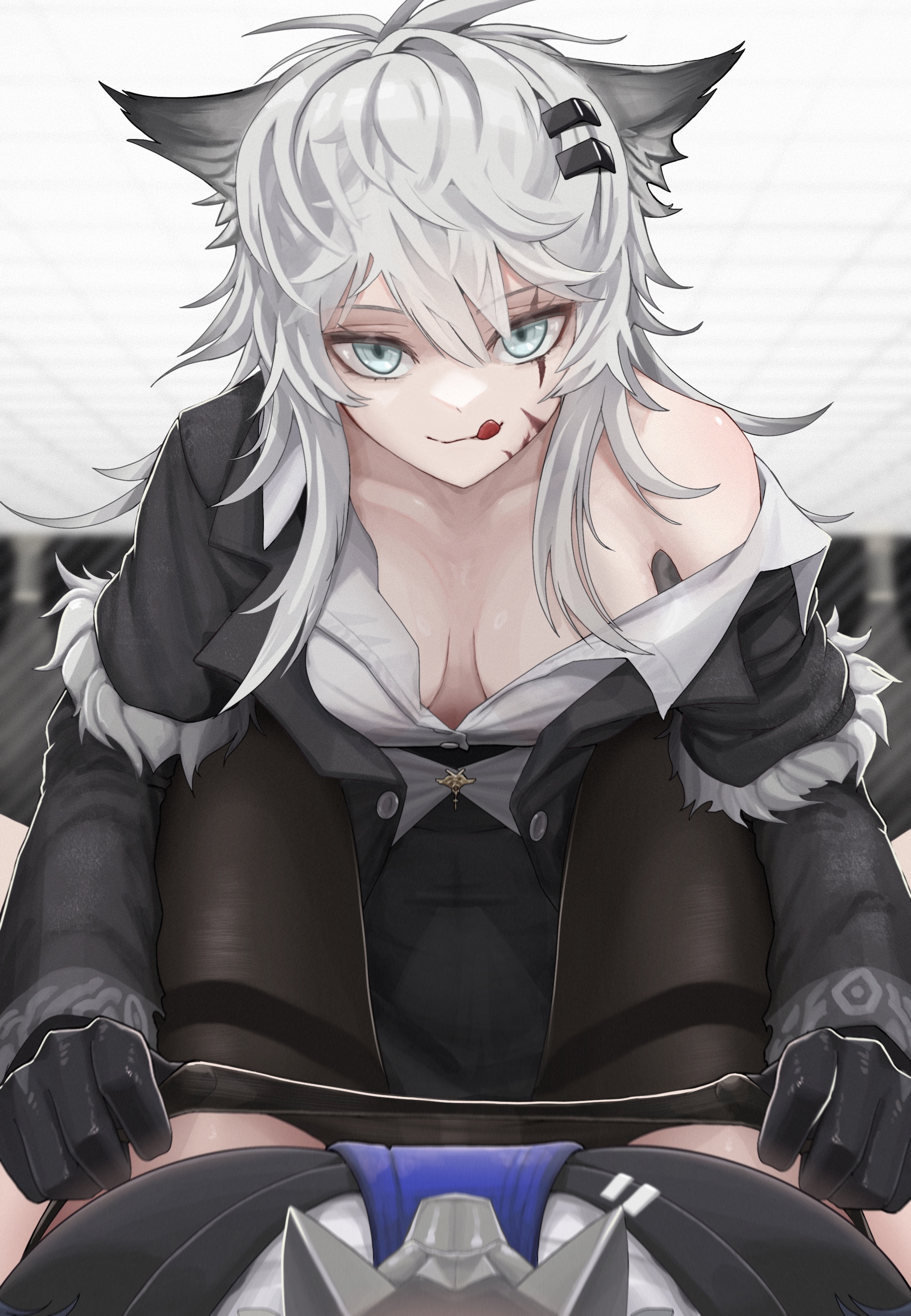 2girls, animal ears, arknights, bare shoulders, before sex, blue eyes, clothes pull, collarbone, female, female pov, hair ornament, kemonomimi, lappland (arknights), light skin, light-skinned female, long hair, looking at viewer, lying, messy hair, mildt, no bra, pants down, pantyhose, pov, scar, texas (arknights), tongue, tongue out, white hair, wolf ears, wolf girl