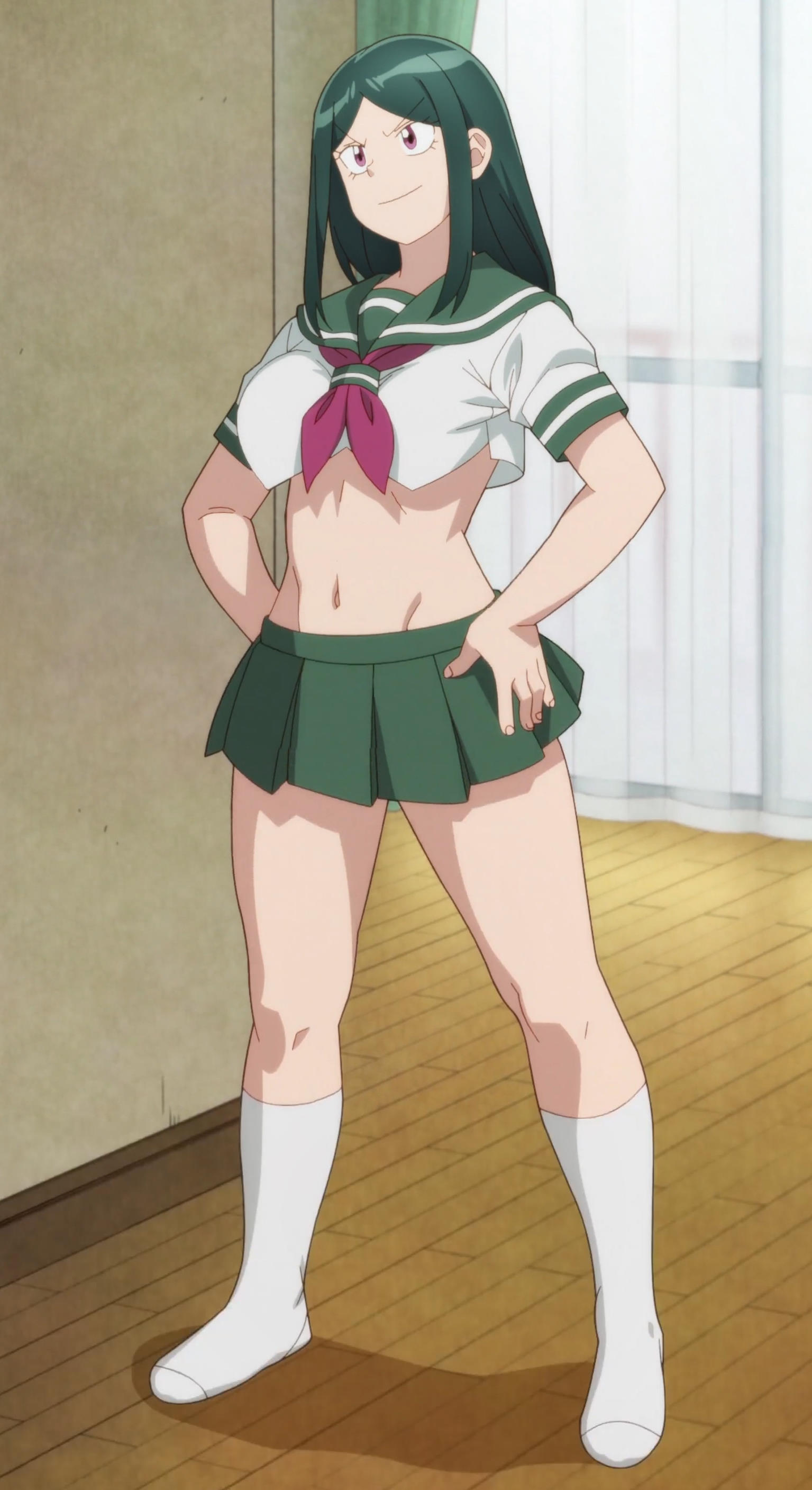 1girls, breasts, clothing, female, green hair, knee socks, kneehighs, kneesocks, large breasts, lv1 maou to one room yuusha, maou (lv1 maou to one room yuusha), midriff, purple eyes, school uniform, schoolgirl, screencap, skimpy, skirt, socks, thick thighs, thighs, tummy, white socks