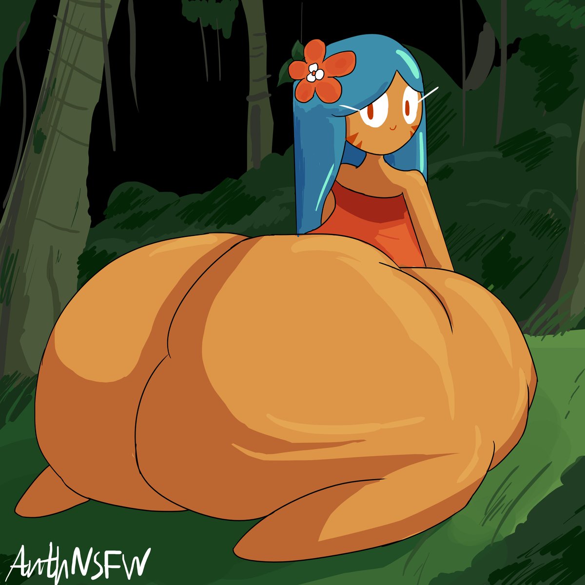 1girls, ass, banillansfw, big ass, big butt, blue hair, cookie, cookie run, fat ass, female, female only, hyper ass, large penis, male, penis, red eyes, solo, solo female, solo focus, tan body, tan skin, thick ass, tiger lily cookie, wide hips