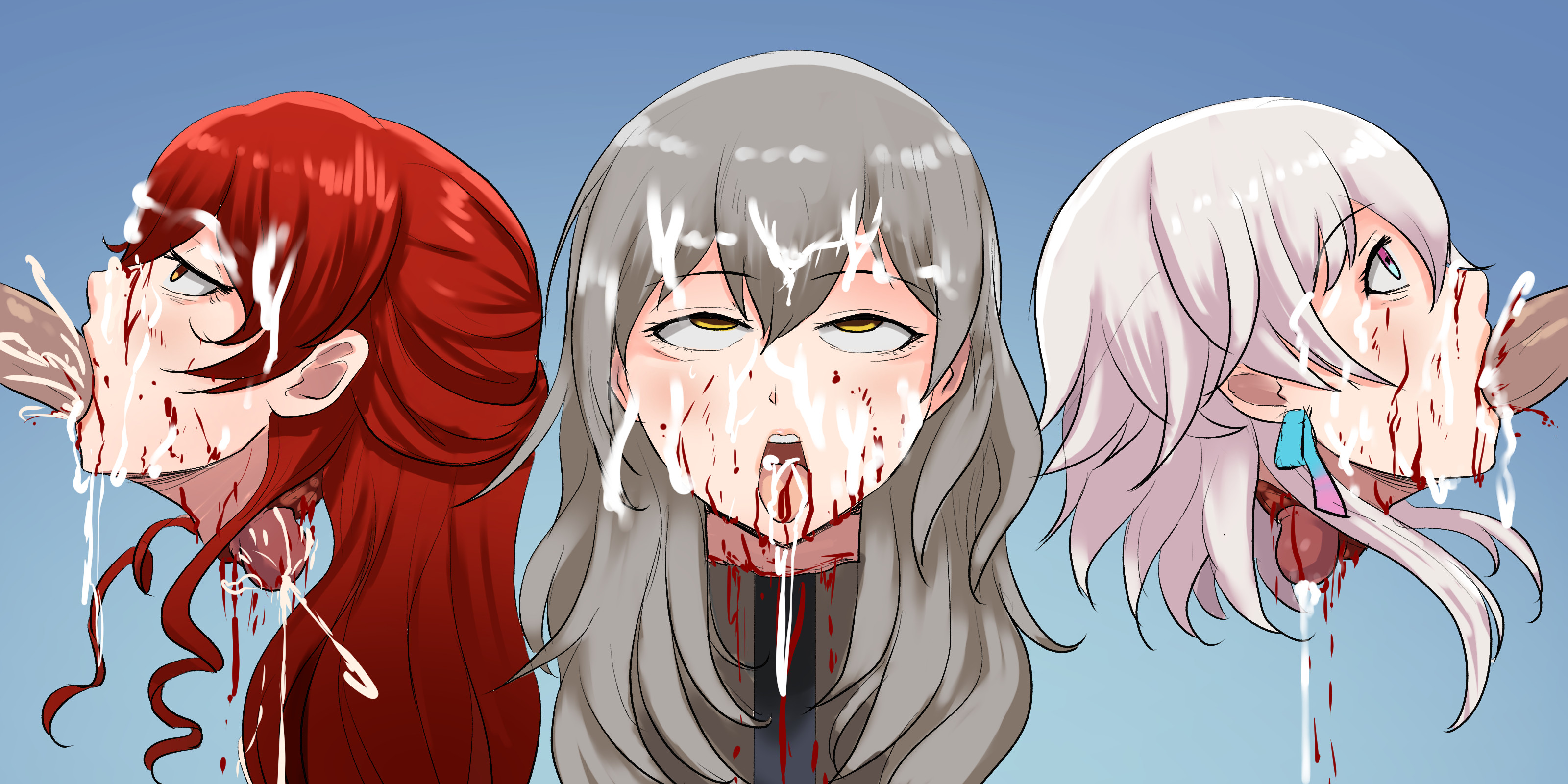 all the way through, blood, blood drip, blowjob, cum, cum drip, cum in mouth, cum in throat, cum on face, cum on hair, cumshot, dead, death, decapitated head, deepthroat, eyes rolling back, fellatio, female, female death, gore, grey hair, guro, half-closed eyes, himeko (honkai: star rail), honkai: star rail, male, march 7th (honkai: star rail), necrophilia, open mouth, oral, penis, pink hair, pole, red hair, rolling eyes, snuff, stelle (honkai: star rail), straight, throat bulge, tongue, veiled616, wide eyed