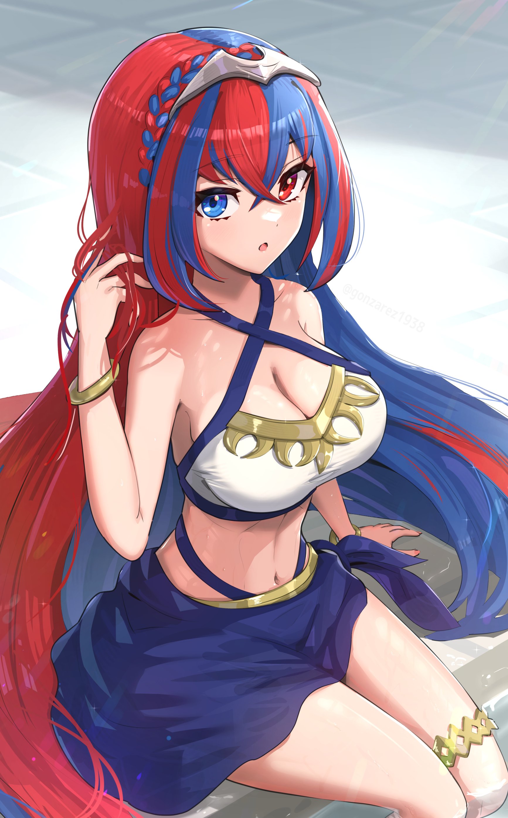 1girls, absurdres, alear (fire emblem), alear (fire emblem) (female), bangs, bikini, bikini skirt, blue eyes, blue hair, braid, breasts, cleavage, crossed bangs, crown braid, female, female only, fire emblem, fire emblem engage, gonzarez, heterochromia, highres, large breasts, long hair, looking at viewer, multicolored hair, navel, nintendo, official alternate costume, red eyes, red hair, revision, skirt, solo, split-color hair, swimsuit, tiara, two-tone hair, very long hair