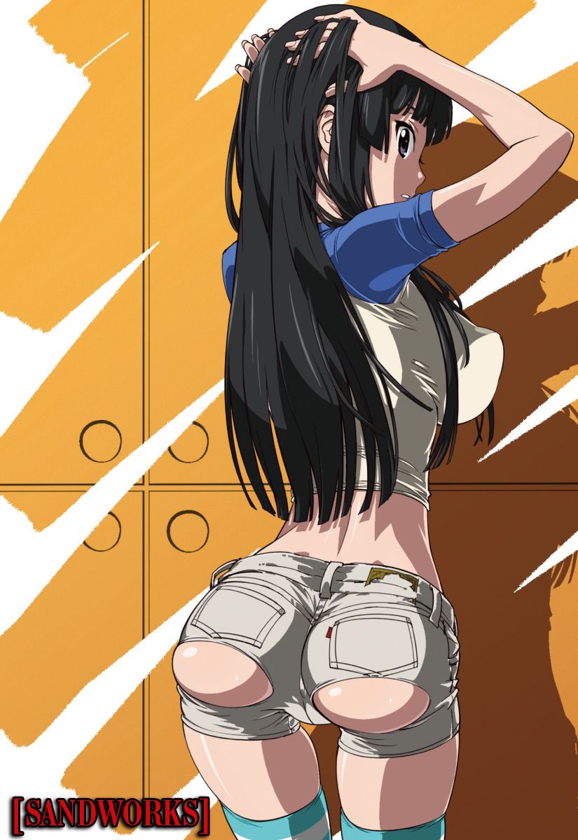 ass, big ass, big breasts, big butt, black hair, breasts, female, k-on!, long hair, looking back, mio akiyama (k-on!), shorts