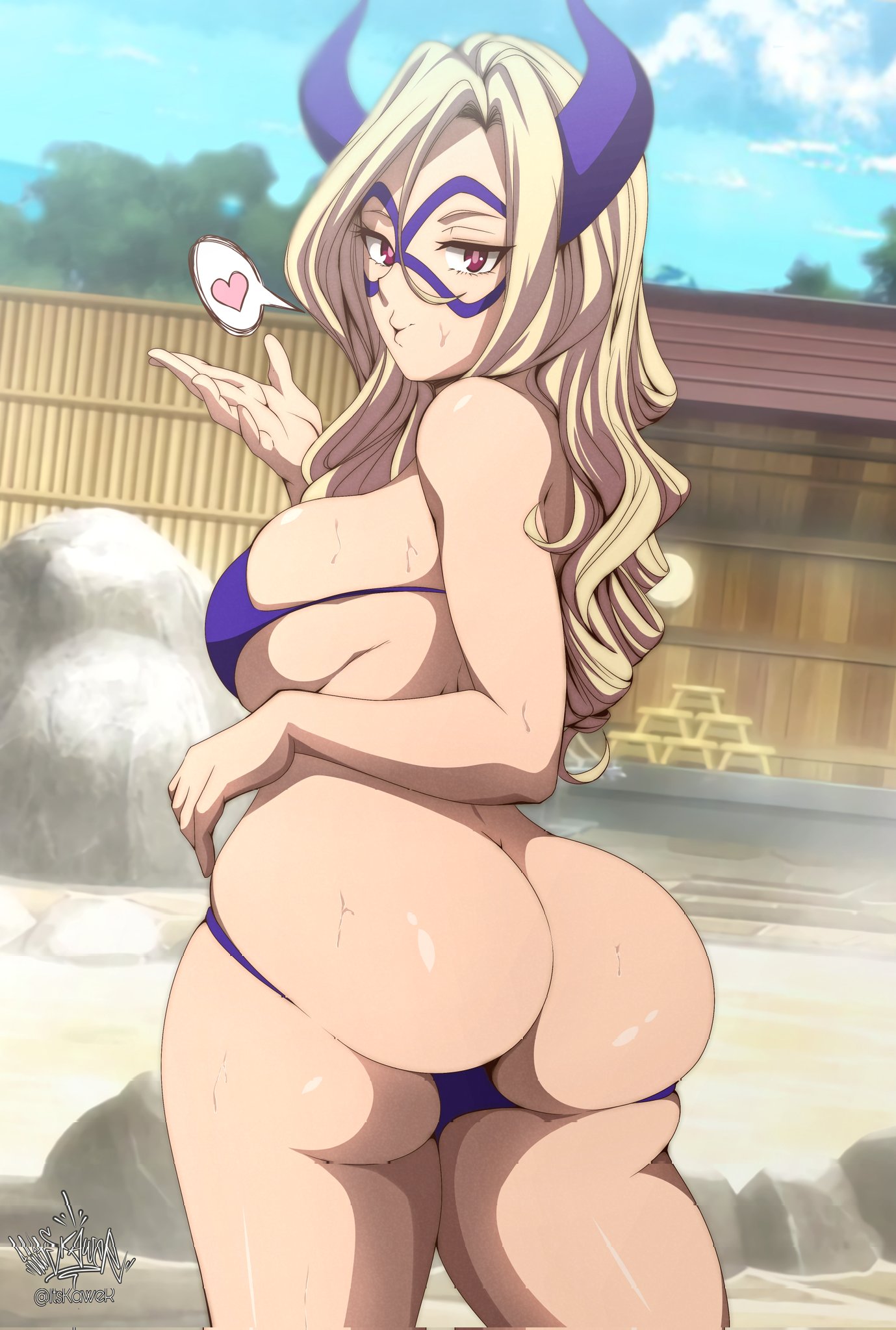 1girl, 1girls, ass, big ass, big breasts, big butt, big tits, bikini, bikini bottom down, blonde hair, blowing kiss, breasts, clothing, curvy, female, female only, hair, heart speech bubble, hot spring, huge ass, huge breasts, huge tits, kaw3r, large breasts, light skin, light-skinned female, long hair, looking at viewer, mask, mount lady, my hero academia, purple bikini, purple bra, purple horn, purple horns, purple panties, purple underwear, solo, solo female, solo focus, takeyama yuu, thick thighs, uncensored, wide hips, yuu takeyama