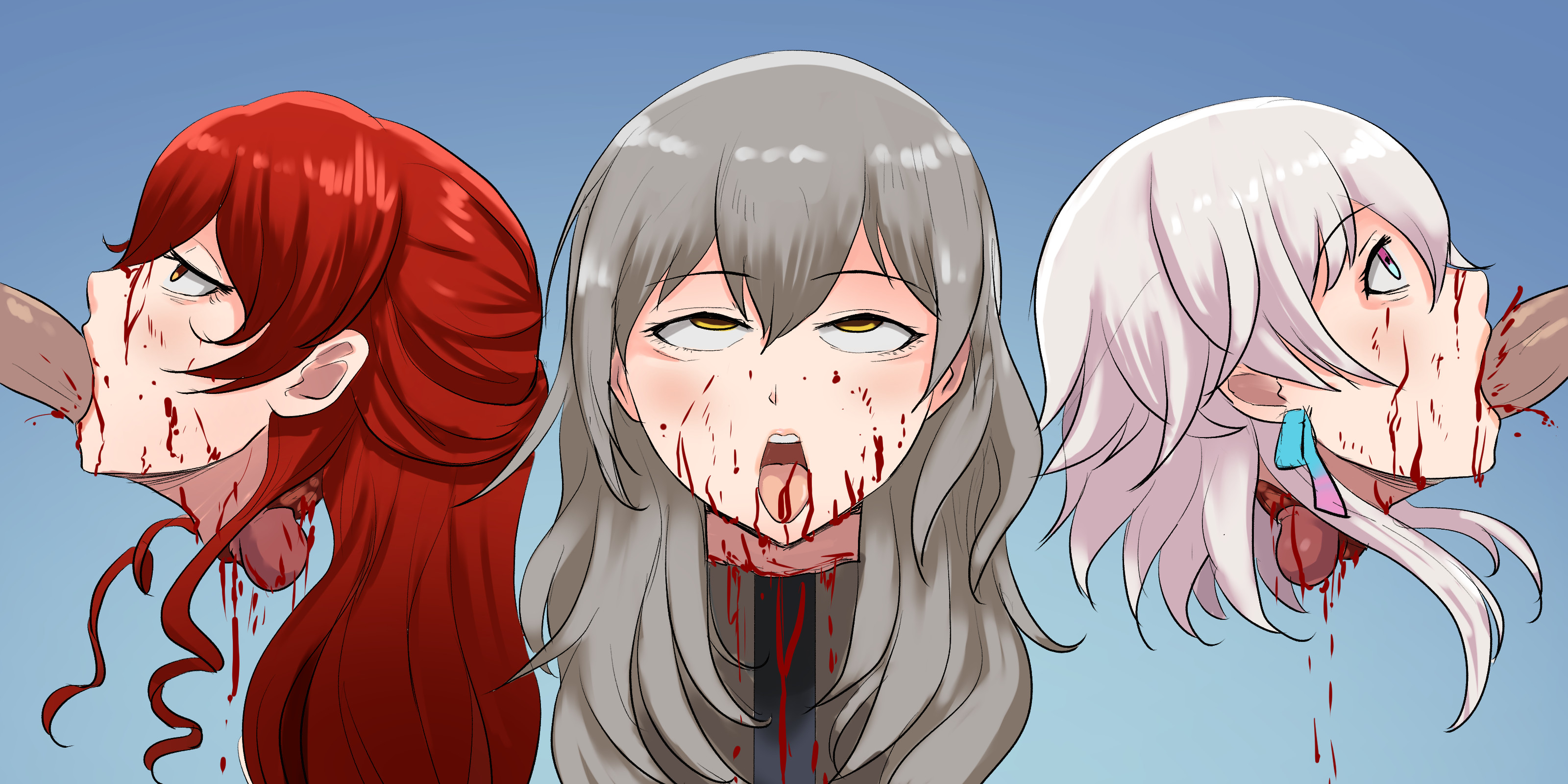 all the way through, blood, blood drip, blowjob, dead, death, decapitated head, deepthroat, eyes rolling back, fellatio, female, female death, gore, grey hair, guro, half-closed eyes, himeko (honkai: star rail), honkai: star rail, male, march 7th (honkai: star rail), necrophilia, open mouth, oral, penis, pink hair, pole, red hair, rolling eyes, snuff, stelle (honkai: star rail), straight, throat bulge, tongue, veiled616, wide eyed