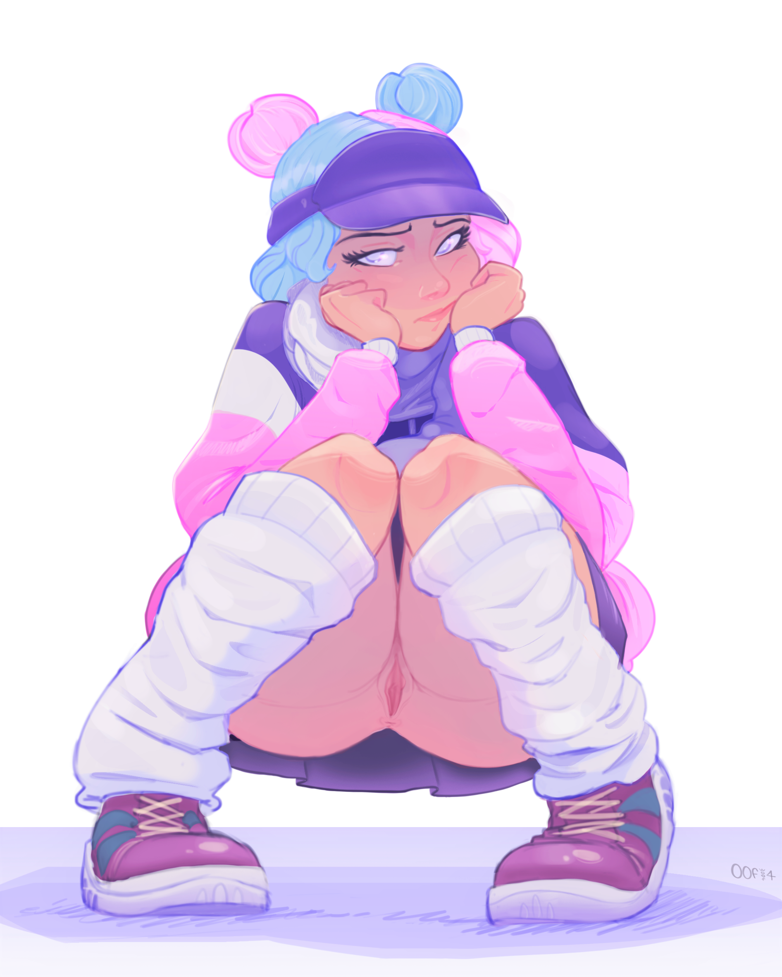 bored, colored hair, female, flashing, flashing pussy, fortnite, hair b, hair bun, hands on face, hat, human, jacket, leelah (fortnite), oofwoof, pussy, scarf, shaved pussy, shoes, simple background, skirt, socks, squatting, uncomfortable, white eyes