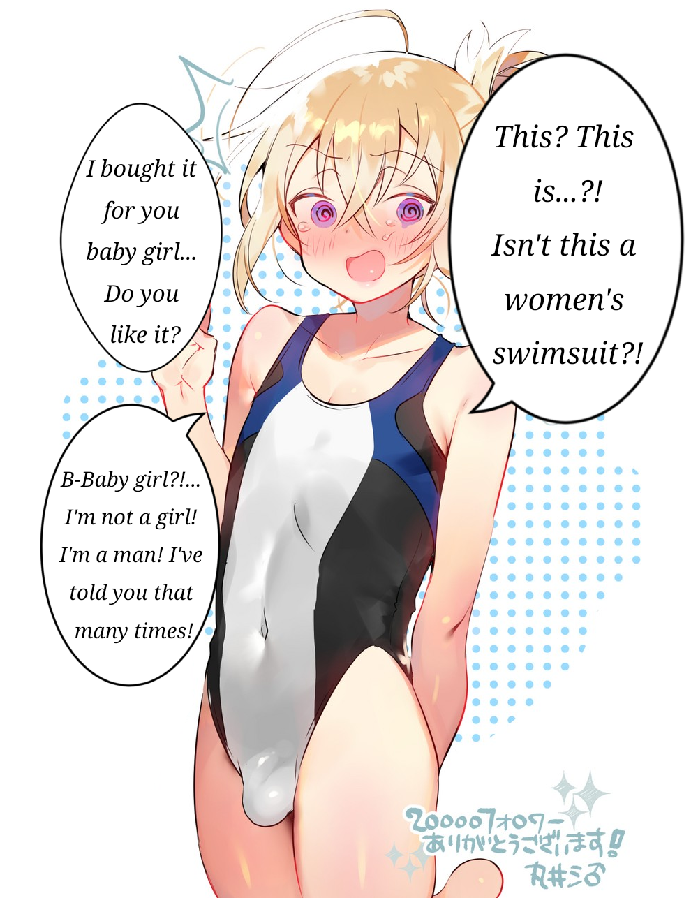 1boy 1femboy @_@ ahoge androgynous bare_shoulders barefoot belly belly_button belly_button_visible_through_clothing bishounen blonde_hair blonde_hair_male blue_eyes blush blushing blushing_at_viewer blushing_profusely bulge bulge_through_clothing bulge_under_clothes collarbone commentary_request competition_swimsuit complaining crossdressing crossed_bangs curvaceous curves curvy curvy_body curvy_figure curvy_hips dialogue dialogue_bubble embarrassed english english_dialogue english_text femboy femboy_focus feminine feminine_body feminine_male girly girly_boy hair_between_eyes hair_bun hi_res high_resolution highres huge_ahoge human human_only humiliated humiliating humiliation hypnotic_eyes japanese_text light-skinned_femboy light-skinned_male light_skin long_hair looking_at_viewer male male_focus male_mistaken_for_female male_only mama_(marui_shiro) marui_shiro navel offscreen_character offscreen_male one-piece_swimsuit open_mouth original otoko_no_ko otokonoko partial_commentary penis_bulge penis_under_clothes penis_under_swimsuit polka_dot polka_dot_background pov_eye_contact purple_eyes shy simple_background single_hair_bun skindentation slim_waist small_waist solo solo_focus speech_bubble surprised sweat sweatdrop swimsuit swimsuit_aside swimsuit_bulge talking_to_viewer tears text thick_thighs thighs thin_waist trap twink updo white_background wide_hips yellow_hair