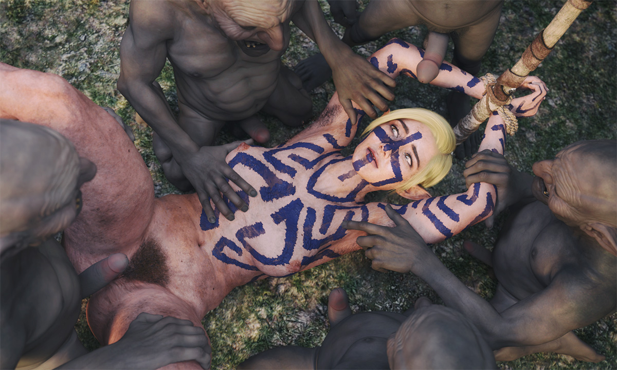 3d, abs, amazon, barbarian, blonde, blonde hair, bodypaint, breasts, captured, captured heroine, completely nude, dungeons and dragons, elf, enslaved, female, gangbang, gangrape, geterafromfaerun, goblin, goblin male, groping, groping breasts, half elf, half-elf, male, muscular, muscular female, nude, nude female, nude male, penis, pubic hair, rape, sex slave, slave, slave girl, small dom big sub, smaller male, stripped, stripped naked, surrounded by penises, tagme, tribal, tribal male, tribal markings, tribesman, yolande (geterafromfaerun)