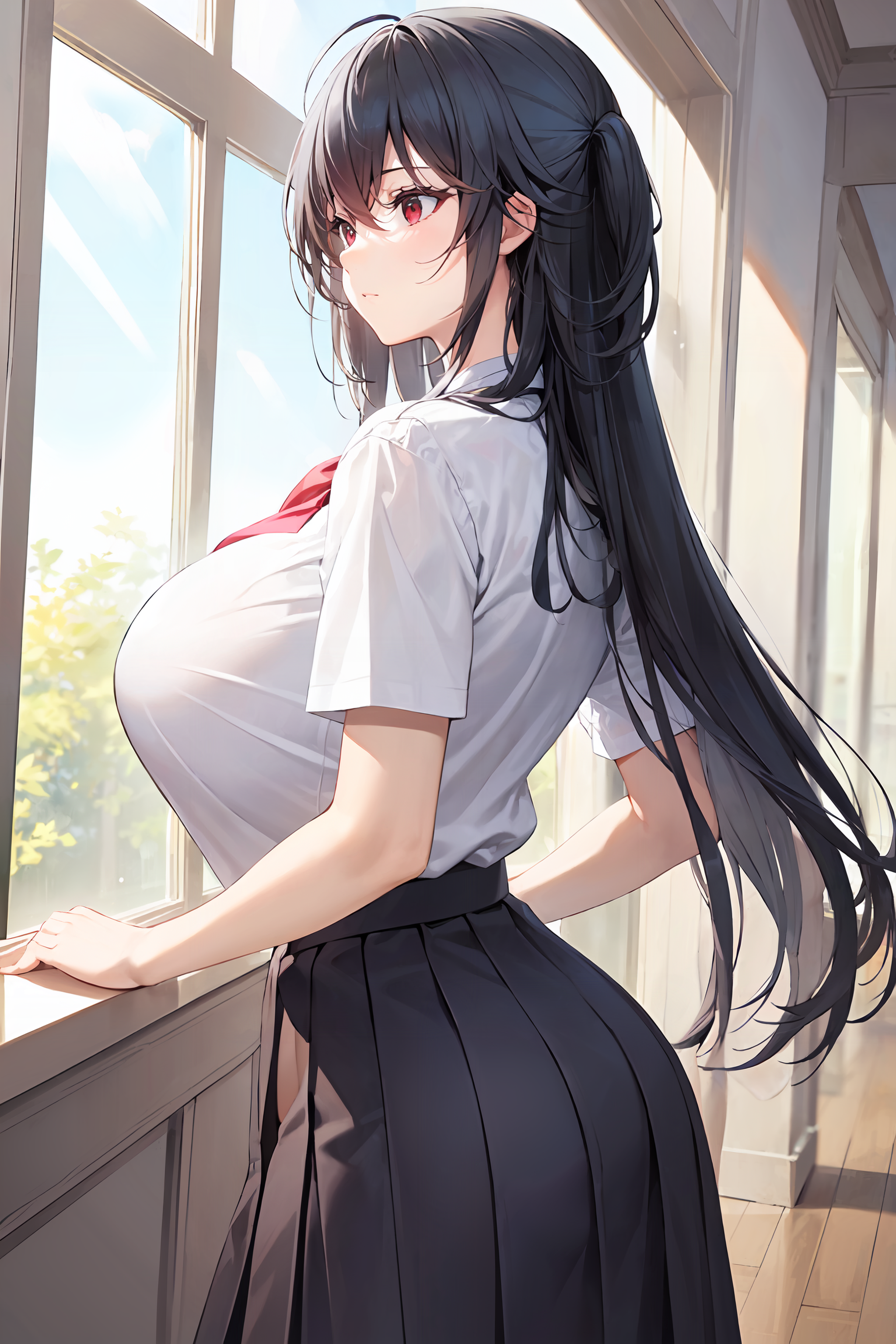 1girls, ai generated, azur lane, black hair, breasts, clothed, female, huge breasts, indoors, light skin, light-skinned female, long hair, red eyes, school uniform, schoolgirl, stable diffusion, taihou (azur lane), tight clothing