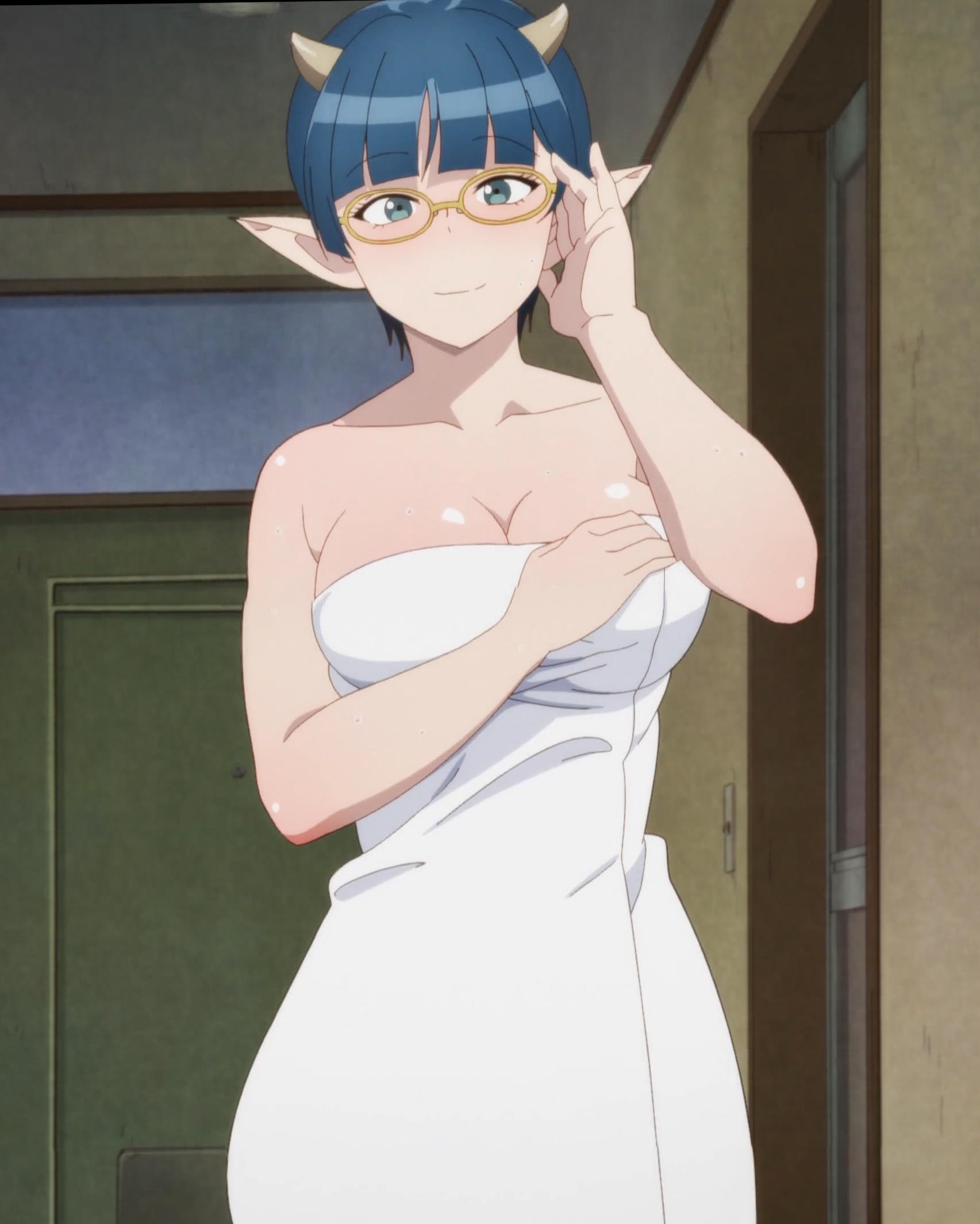 1girls, accurate art style, big breasts, blue eyes, blue hair, breasts, busty, demon, demon girl, demon horns, female, glasses, hips, horns, large breasts, looking at viewer, lv1 maou to one room yuusha, medium hair, monster girl, pointy ears, screencap, screenshot, smile, thighs, zenia (lv1 maou to one room yuusha)