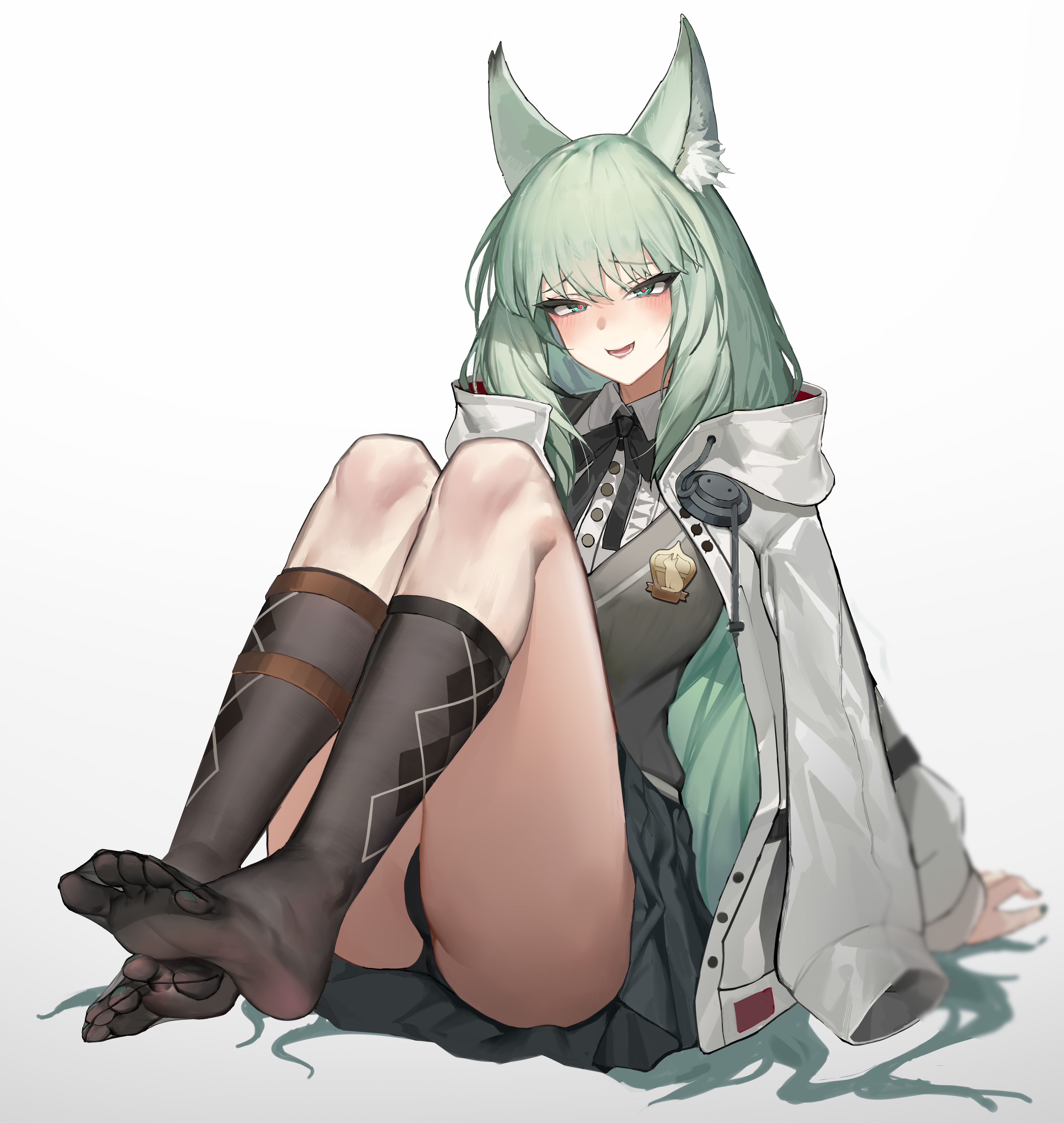 1girls, 2023, animal ear fluff, animal ears, arknights, artist request, ass, ass focus, black panties, blush, cat ears, cat girl, catgirl, feet, feet up, female, green eyes, green hair, harmonie (arknights), heart, heart-shaped pupils, hi res, kemonomimi, kneehighs, legwear, light skin, light-skinned female, long hair, looking at viewer, panties, simple background, sitting, smile, solo, thighs, toes, uniform