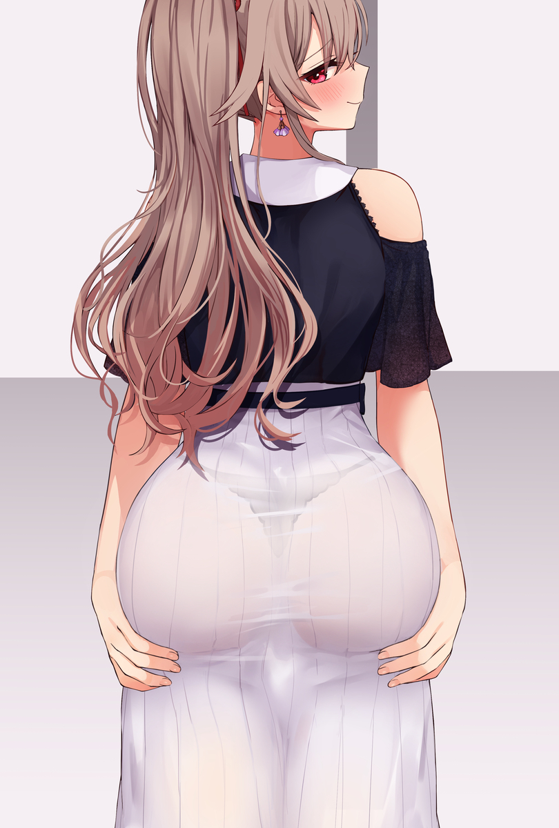 1girls ass ass_grab blush bubble_butt curvaceous curvy female female_only festa11307070 furen_e_lustario grabbing_own_ass light-skinned_female light_skin looking_at_viewer looking_back nijisanji red_eyes see-through see-through_clothing see-through_dress showing_ass solo thong virtual_youtuber