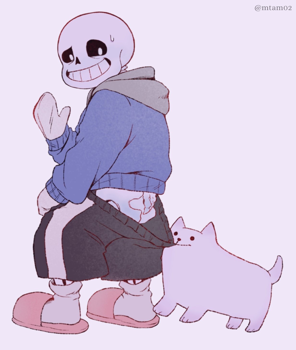 2020s 2022 animated_skeleton annoying_dog_(undertale) biting_clothes black_shorts blank_background blue_blush blue_hoodie blue_jacket blush canid canine clothed coppertone dog feral gloves grin hooded_jacket hoodie jacket looking_at_viewer male male_only monster mtam02 pants_down pants_pull pastel_background pink_slippers sans sans_(undertale) shorts shorts_pull simple_background skeleton slippers smiling_at_viewer socks sweatdrop toby_fox twitter_username undead undertale undertale_(series) waving waving_at_viewer waving_hand white_dog white_socks