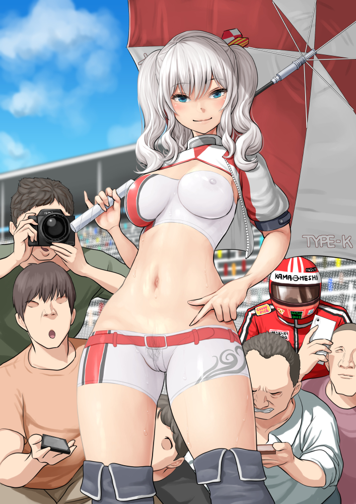 blue_eyes bodypaint boots breasts camera covered_clitoris covered_nipples cropped_jacket female female_pubic_hair grey_hair hair_ribbon kantai_collection kashima_(kantai_collection) kasu_(kasunohikari) knee_boots large_breasts multiple_boys navel painted_clothes pubic_hair pussy race_queen ribbon shrug_(clothing) tsurime twintails two-tone_bandeau two-tone_shorts umbrella wavy_hair