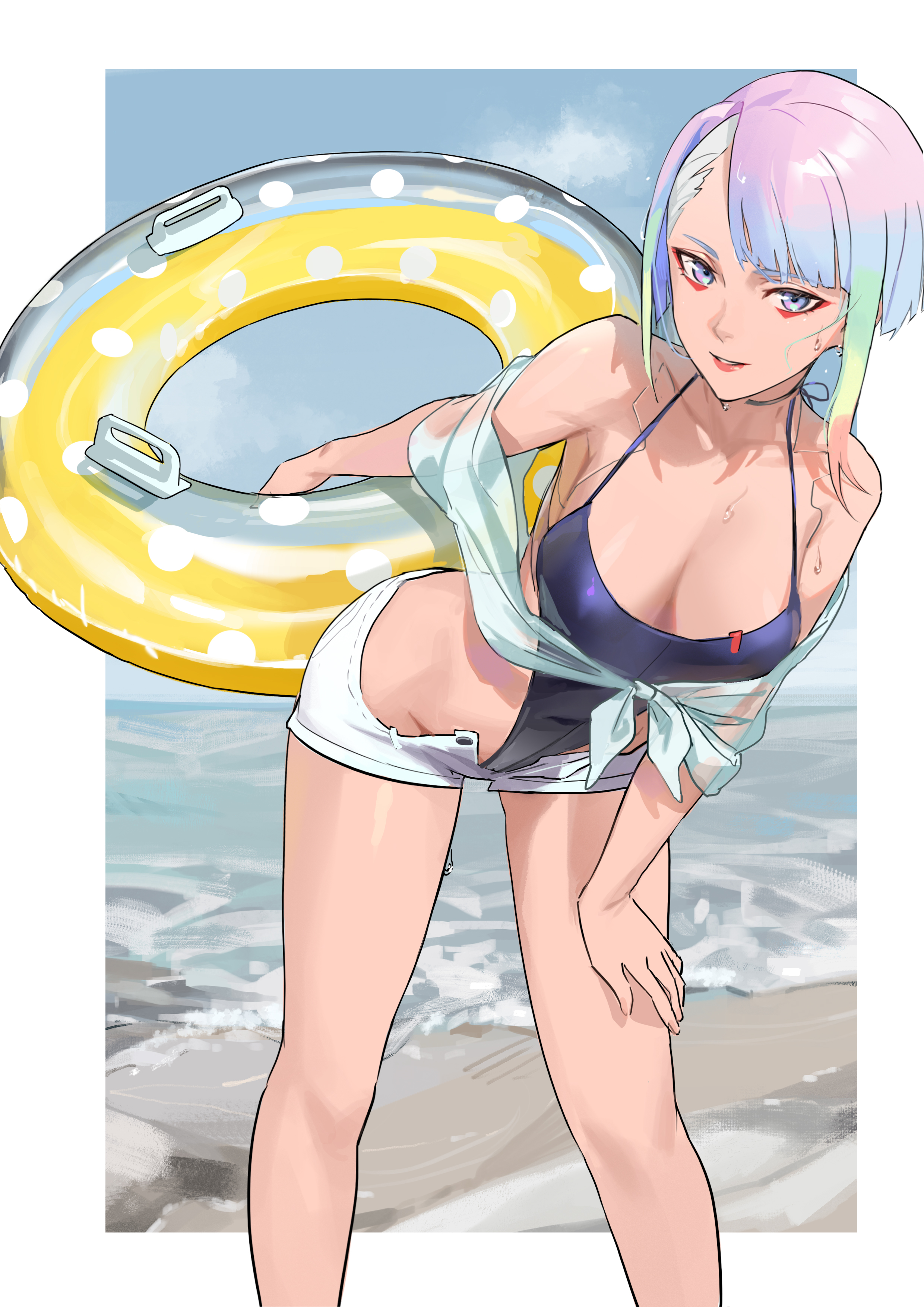 1girls, ass, beach, big ass, big breasts, breasts, cd projekt red, cleavage, cyberpunk 2077, cyberpunk: edgerunners, female, female only, light skin, light-skinned female, looking at viewer, lucyna kushinada, mumei (artist), no artist signature, pov, small nose, studio trigger, wet