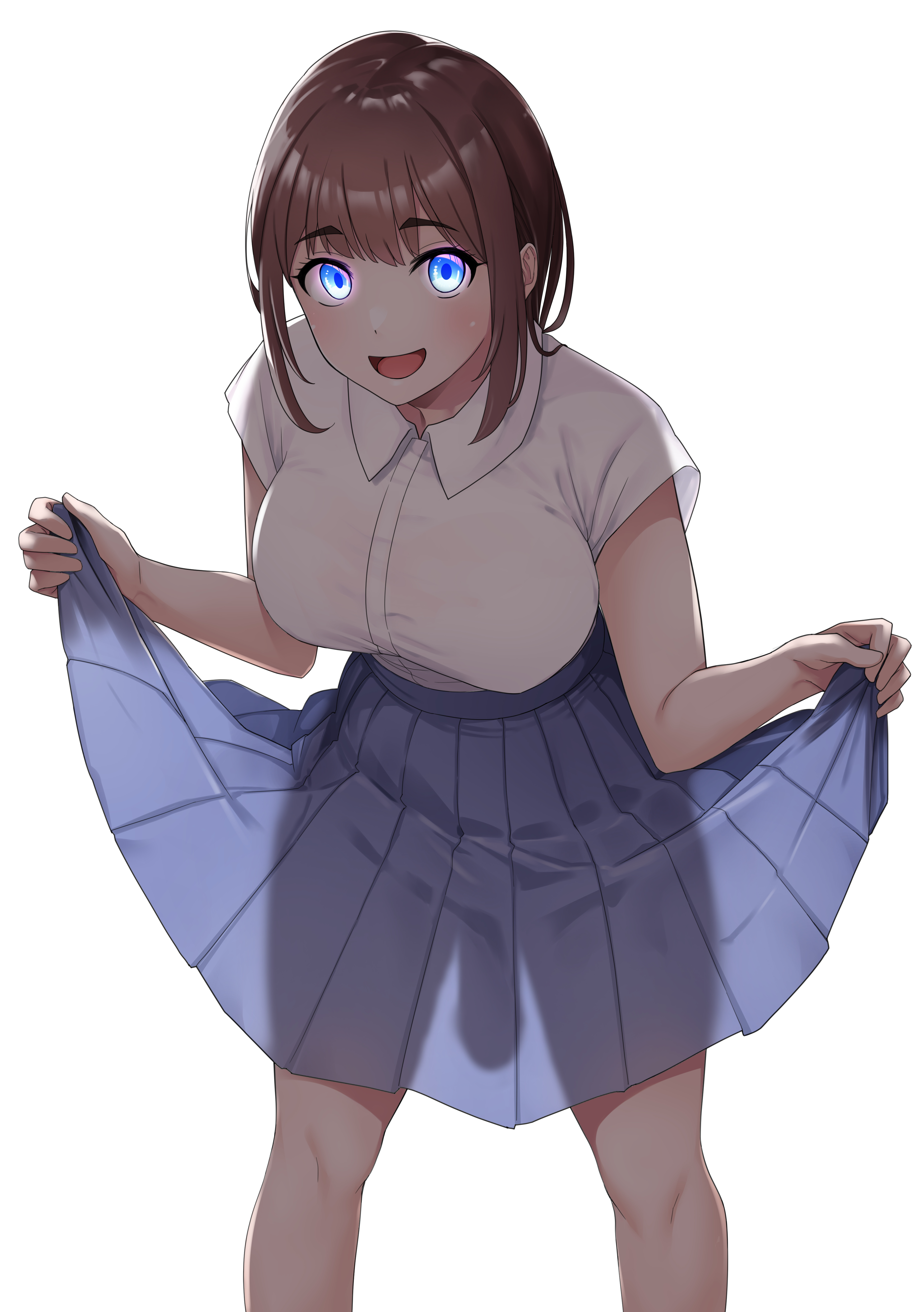 1futa, bent over, big breasts, big penis, blue eyes, blush, breasts, brown hair, button down shirt, clothed, clothing, dickgirl, flaccid, futa only, futanari, glowing eyes, human, intersex, light skin, light-skinned futa, looking at viewer, mostly clothed, no panties, penis, penis silhouette, shirt, silhouette, skirt, skirt lift, smile, solo, standing, translucent, translucent clothing, wreath (artist)