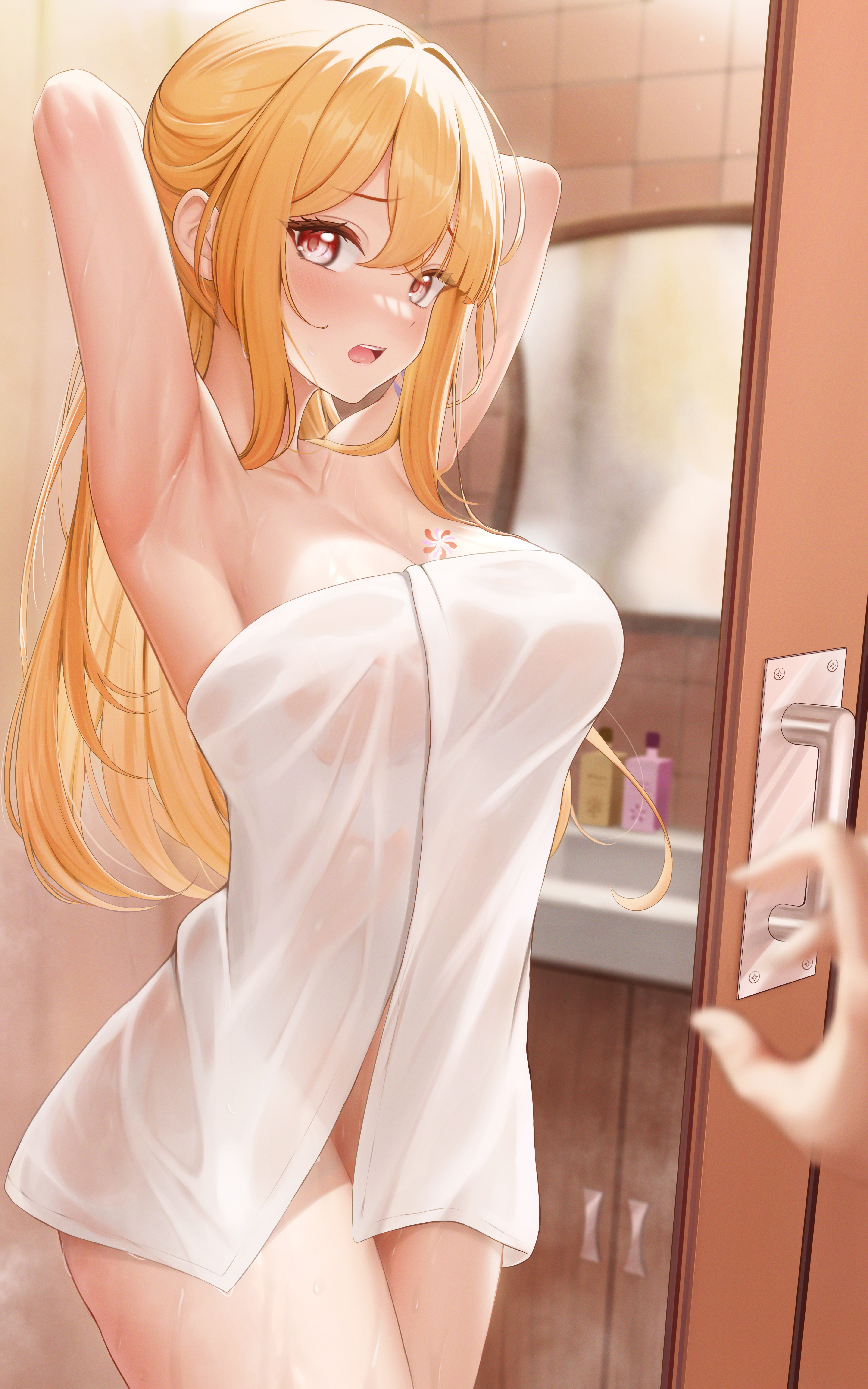 arayuki (sakurafubuki), areolae, armpits, ass, big ass, big breasts, big thighs, blush, breasts, female, genshin impact, hands behind head, huge ass, huge breasts, huge thighs, large ass, large breasts, large thighs, long hair, naked towel, navel, nipples, pussy, shower, thick thighs, thighs, towel, voluptuous, yoimiya (genshin impact)