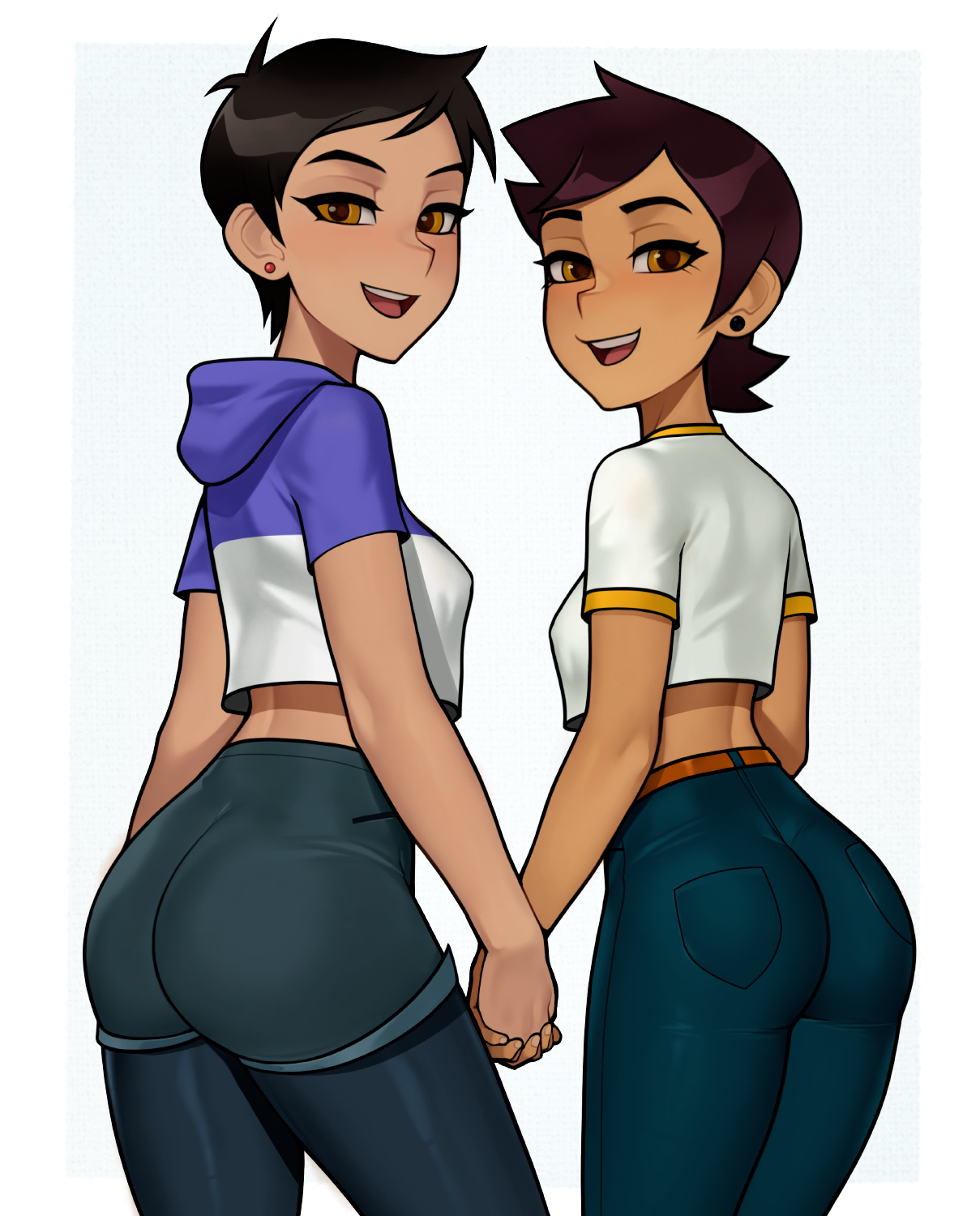 2023, 2023s, 2girls, aged up, alternate costume, alternate version available, amber eyes, blush, breasts, brown eyes, clothed, clothing, cosplay, couple, crossover, crossover cosplay, dark skin, dark-skinned female, dc, dc comics, disney, duo, female, female only, female/female, from behind, hand holding, handholding, highres, holding hands, hoodie, jeans, jewelry, lois lane, lois lane (cosplay), lois lane (my adventures with superman), lois lane (my adventures with superman) (cosplay), loodncrood, looking back, love, luz noceda, luz noceda (cosplay), medium breasts, multiple females, multiple girls, mutual yuri, my adventures with superman, open mouth, outfit swap, parted lips, romantic, romantic couple, short hair, shorts, sideboob, simple background, small breasts, smile, smiling at viewer, superman (series), tan body, tan skin, tanned, tanned skin, the owl house, tomboy, very short hair, white background, yuri