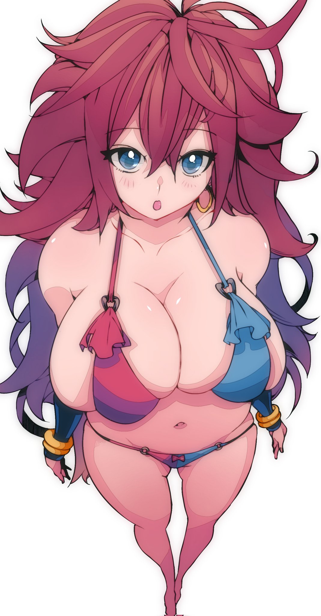 1girl 1girls :o android android_21 android_21_(good) android_21_(human) arc_system_works auburn_hair bandai_namco belly_button belly_button_piercing big_breasts blue_eyes blush blush_lines bracelets brown_hair checkered checkered_bikini checkered_clothes checkered_clothing cleavage dragon_ball dragon_ball_fighterz ear_ring earrings elbow_gloves eyelashes fanart female gold_bracelet gold_bracelets gold_jewelry hair_between_eyes hoop_earrings huge_breasts jewelry large_breasts light-skinned_female light_skin long_hair messy_hair o_face omochi_db red_ribbon skimpy_bikini voluptuous voluptuous_female vomi_(dragon_ball) white_background