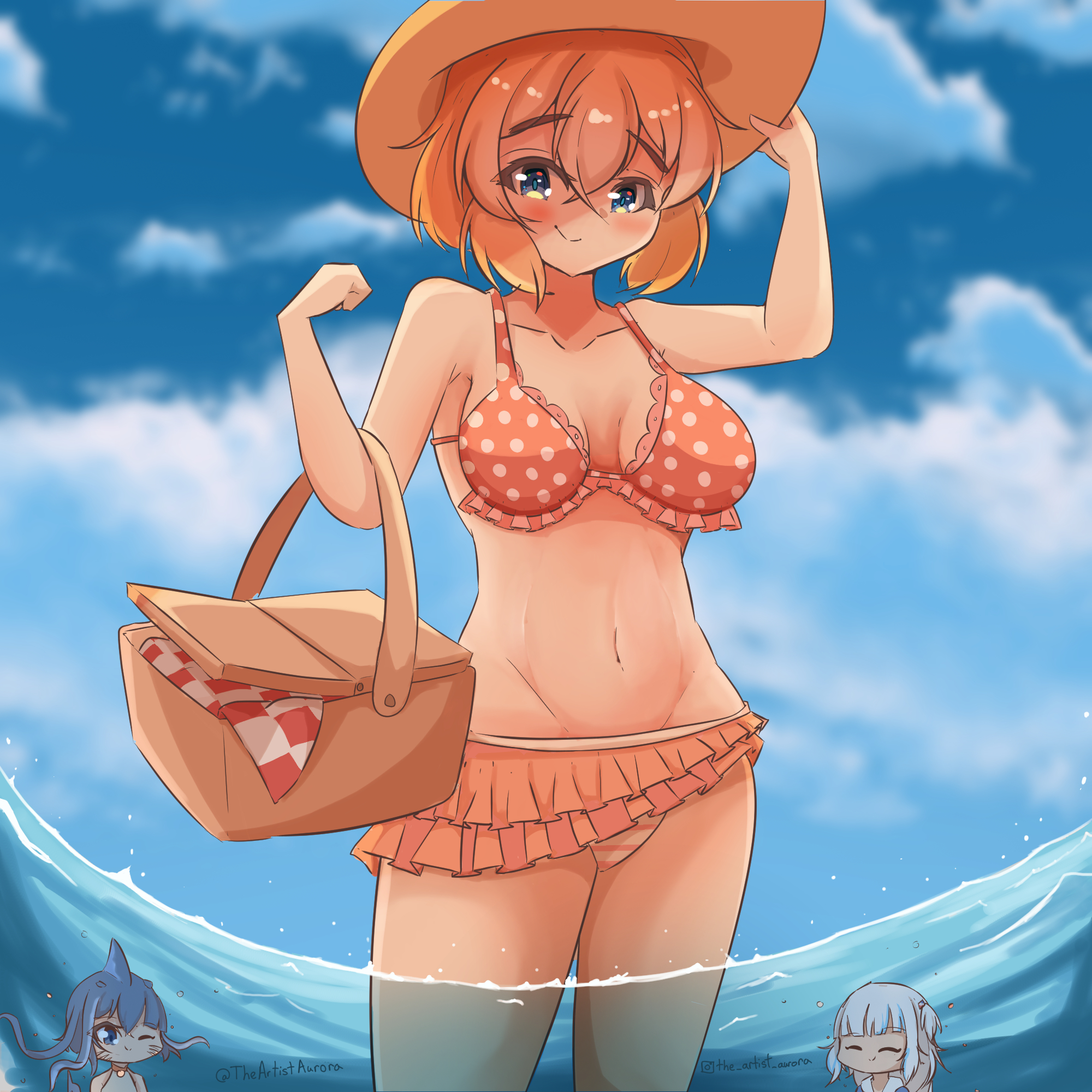 1girls, artist name, basket, beach, bikini, bikini bottom, bikini skirt, bikini top, blue eyes, blue sky, boobs, breasts, cloud, clouds, collarbone, doki doki literature club, female, female focus, female human, female only, gawr gura, hat, headwear, hololive, hololive english, hololive myth, human, human female, human focus, in water, inner sideboob, instagram username, medium breasts, navel, picnic basket, sayori (doki doki literature club), sky, solo, solo female, solo focus, strawberry blonde hair, theartistaurora, thighs, twitter username, virtual youtuber, water, wholesome