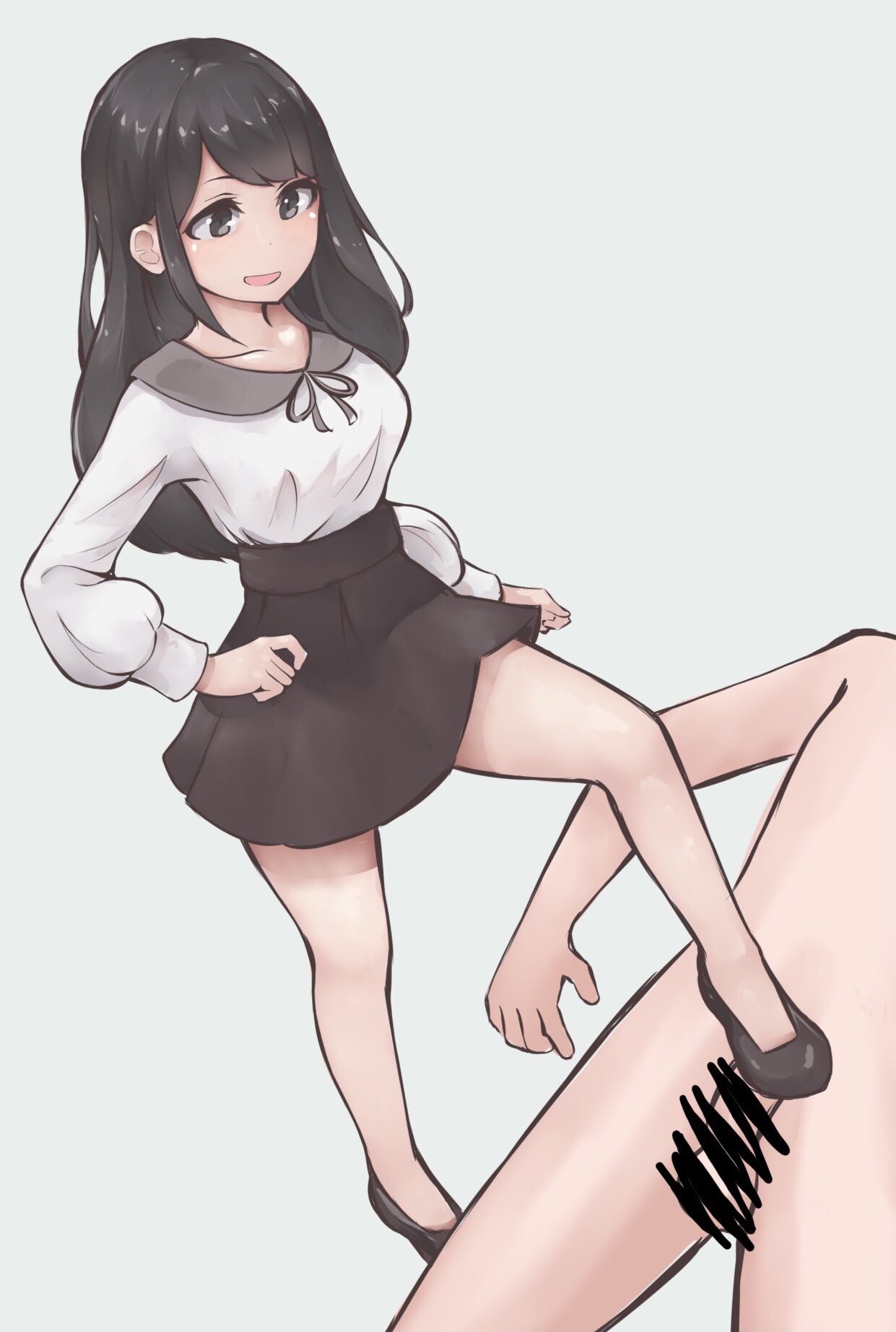 bar_censor black_hair censor_bar censored censored_penis dress_shoes femdom footjob kikiu_bd long_hair open_mouth shoejob shoes simple_background thick_thighs thighs