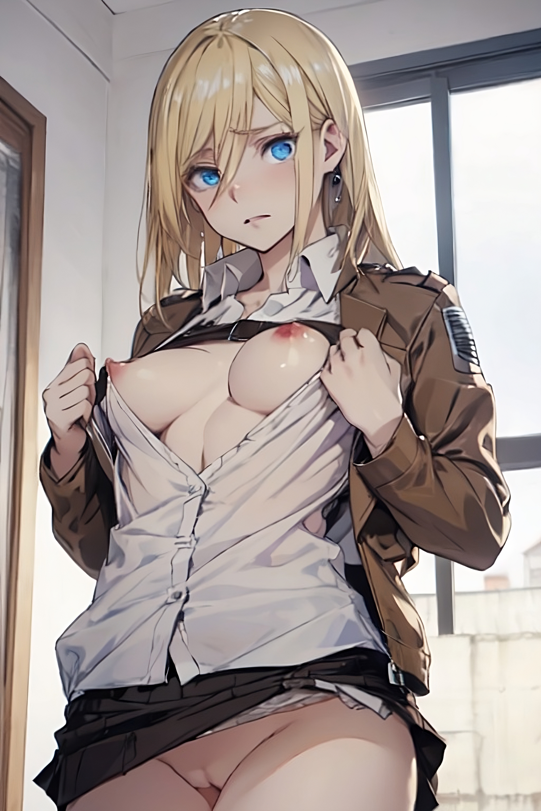 1girls, ai generated, attack on titan, blonde hair, blue eyes, blush, bra, breasts, brown jacket, earrings, female, hair between eyes, historia reiss, holding, jewelry, looking at viewer, medium breasts, military uniform, nipples, no panties, pixai, skirt, skirt lift, solo, white shirt