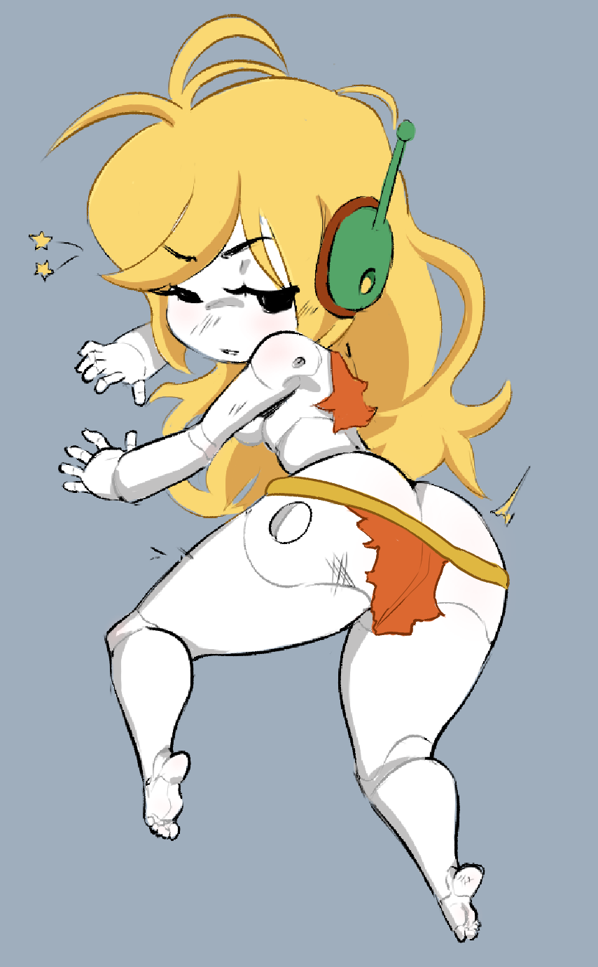 ass bard-bot battle_damage cave_story covered_ass curly_brace headphones hips_wider_than_shoulders ripped_clothing robot_girl tiny_feet white_body