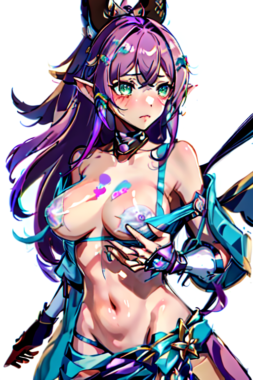 1girls ai_generated belly_button blushing breasts cleavage elf elf_ears elf_female elf_girl exposed_shoulders exposed_stomach female green_eyes large_breasts live3d.io navel pooplool purple_hair revealing_clothes scantily_clad skinny solo solo_female stomach tagme thin_arms thin_female