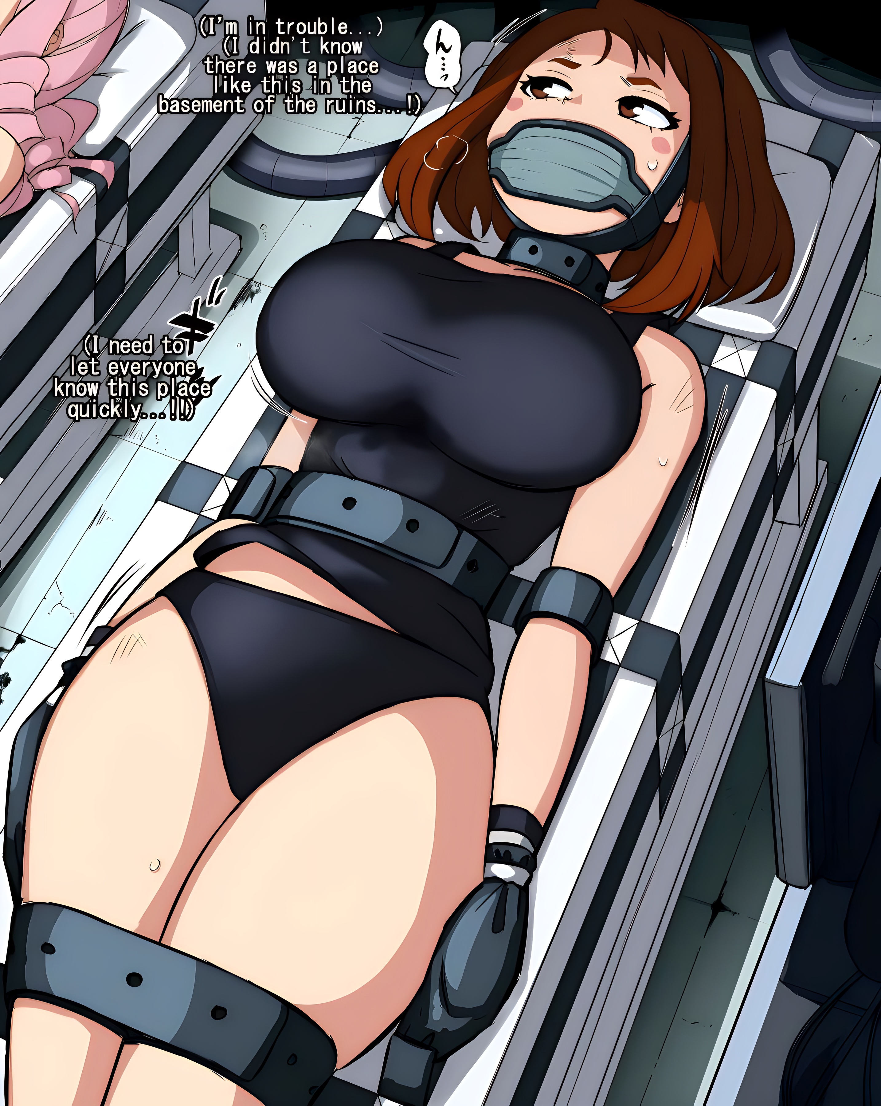 big breasts, black panties, boku no hero academia, bondage, breasts, english text, female, gag, gagged, laboratory, large breasts, mask, my hero academia, no pants, ochako uraraka, panties, rebake-1453, restrained, restraints, stationary restraints, thick thighs, tied, tied up, uraraka ochako