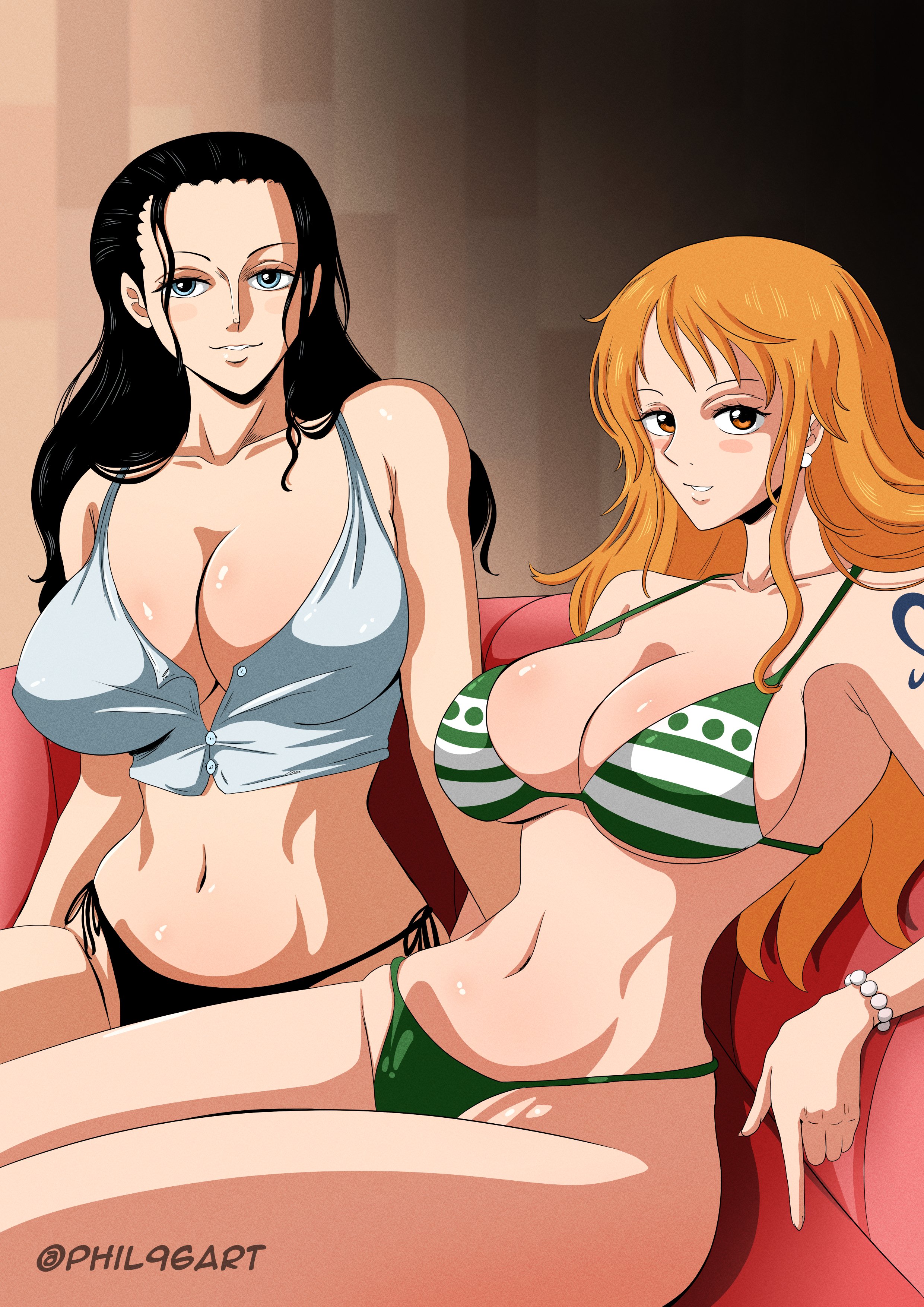 2girls, arm tattoo, belly, big breasts, bikini, bikini bottom, bikini top, black hair, black-haired female, blue eyes, blue tattoo, breasts, brown eyes, colored, female, female only, huge breasts, long hair, nami (one piece), nico robin, one piece, open mouth, orange hair, orange-haired female, phil96art, post-timeskip, shirt, striped bikini, tattoo