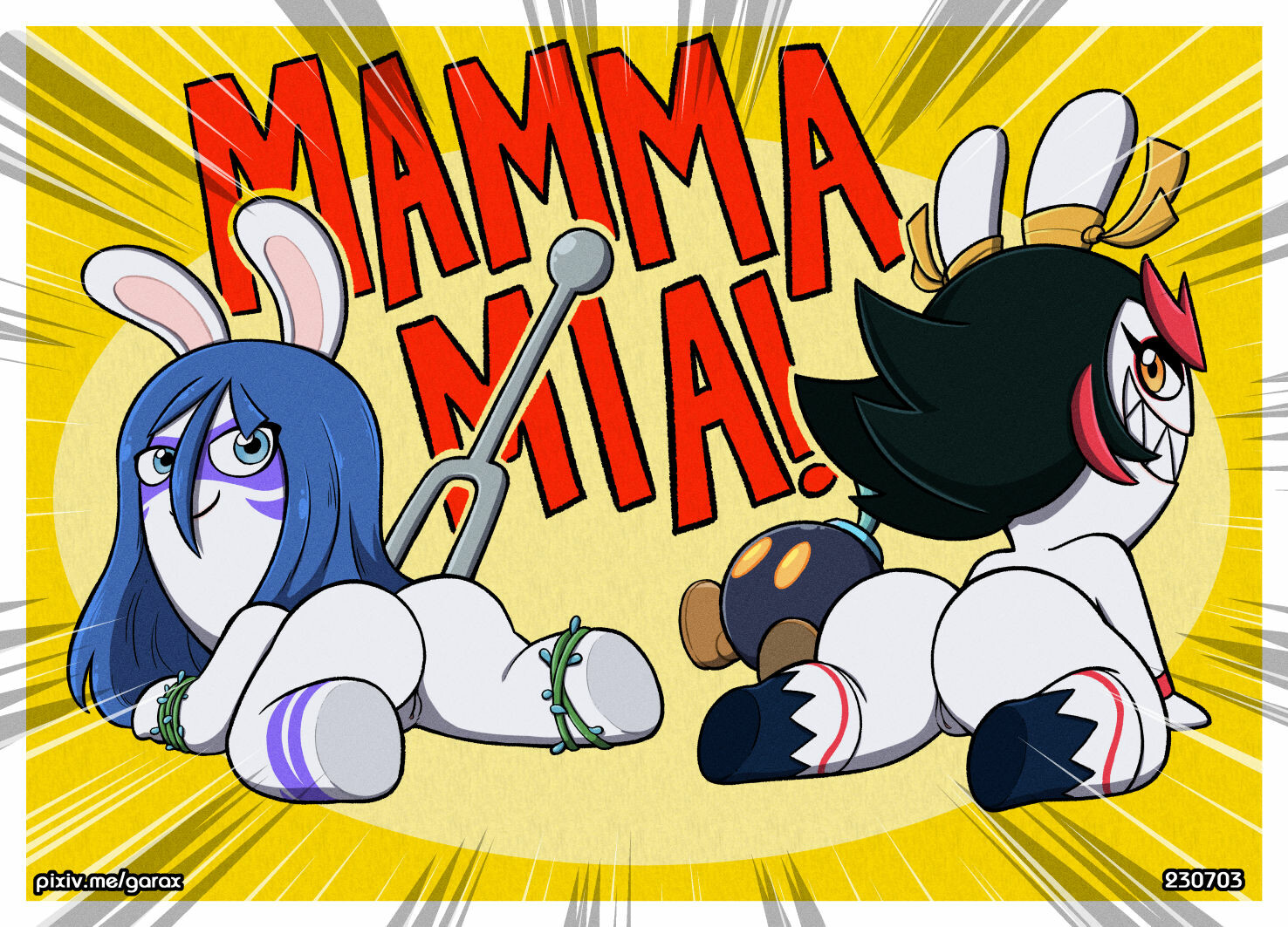 allegra (mario + rabbids), anthro, ass, garabatoz, kanya (mario + rabbids), lagomorph, mario (series), mario + rabbids, mario + rabbids: sparks of hope, no humans, raving rabbids, smiling, tagme, text, video games