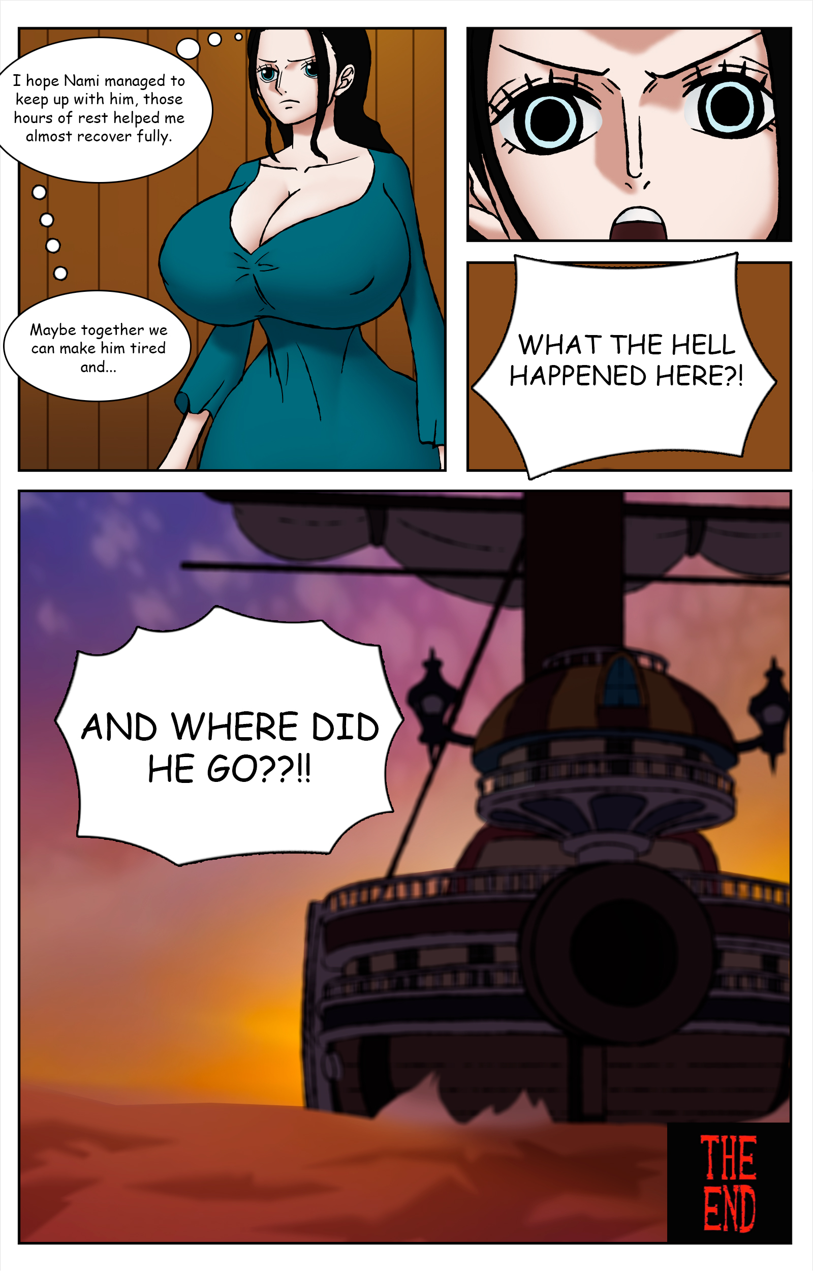 big breasts, breasts, breasts bigger than head, cleavage, comic, dress, female, female only, holymonster, hourglass figure, huge breasts, large breasts, nico robin, one piece, post-timeskip, room, shocked, shocked expression, small waist, text, thin waist, wide hips