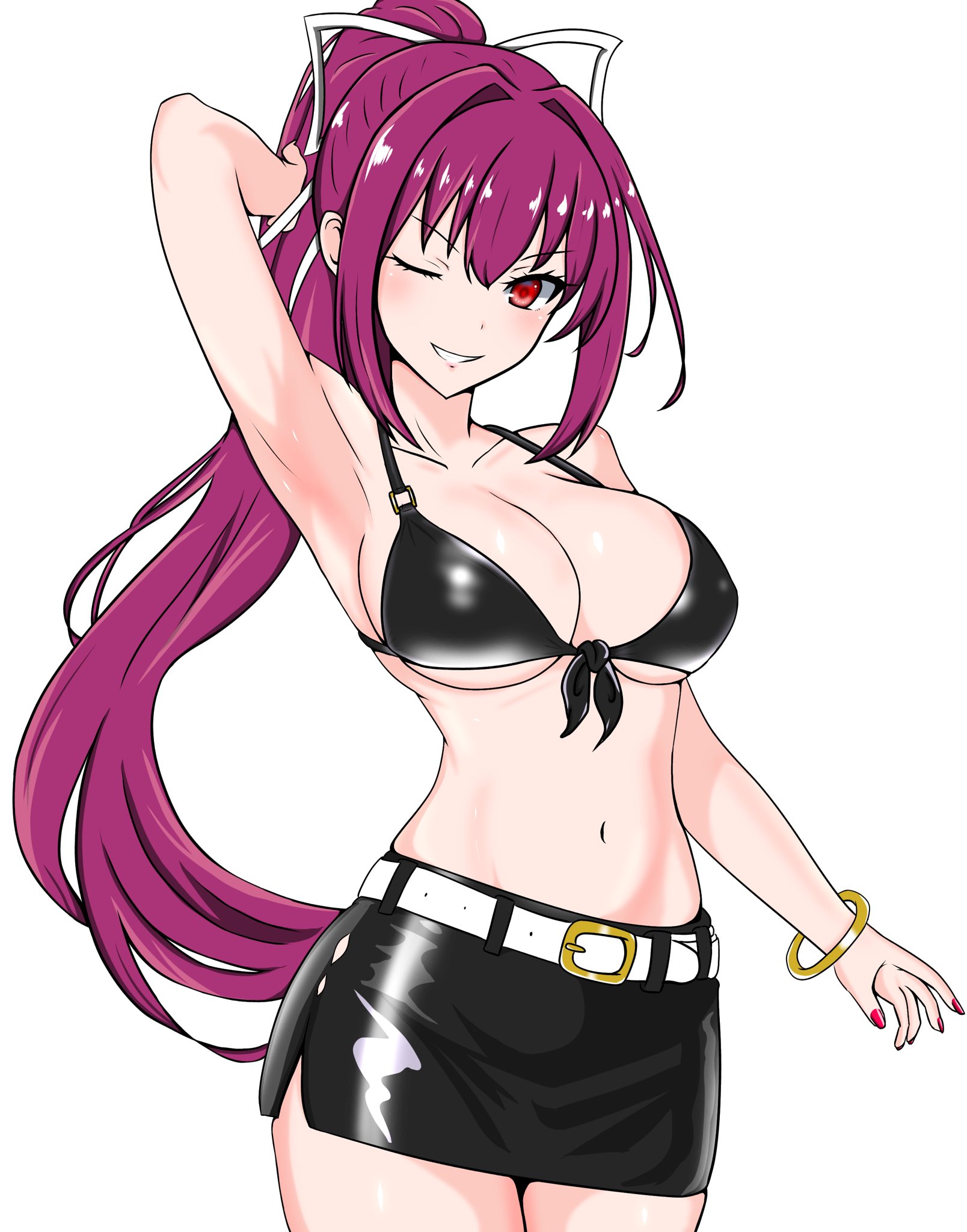 1girls, big breasts, bikini top, black bikini, black skirt, breasts, female, female focus, female only, fully clothed, hair ribbon, large breasts, looking at viewer, miniskirt, nail polish, painted fingernails, painted nails, ponytail, prostitution, purple hair, red eyes, revealing clothes, roy rx, seductive look, seductive pose, shiny clothes, skirt, smiling, smiling at viewer, teasing, teasing viewer, wink, winking at viewer, yuzuriha (under night in-birth)