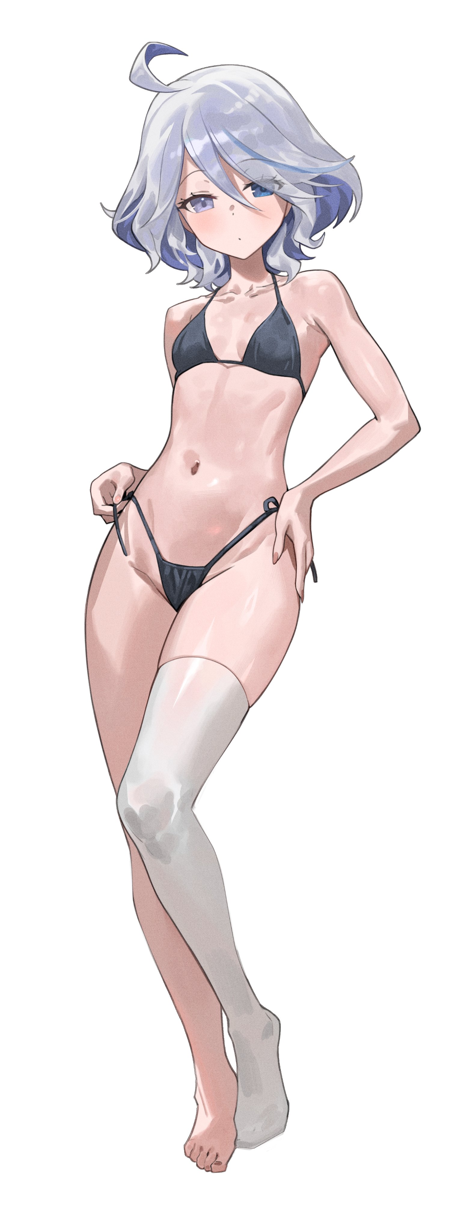 1girls, bikini, black lingerie, blue eyes, breasts, feet, female, female only, furina (genshin impact), genshin impact, hi res, navel, petite, skinny, small breasts, solo focus, thighhighs, white hair, zutsuyaku (zutsuuyaku1)