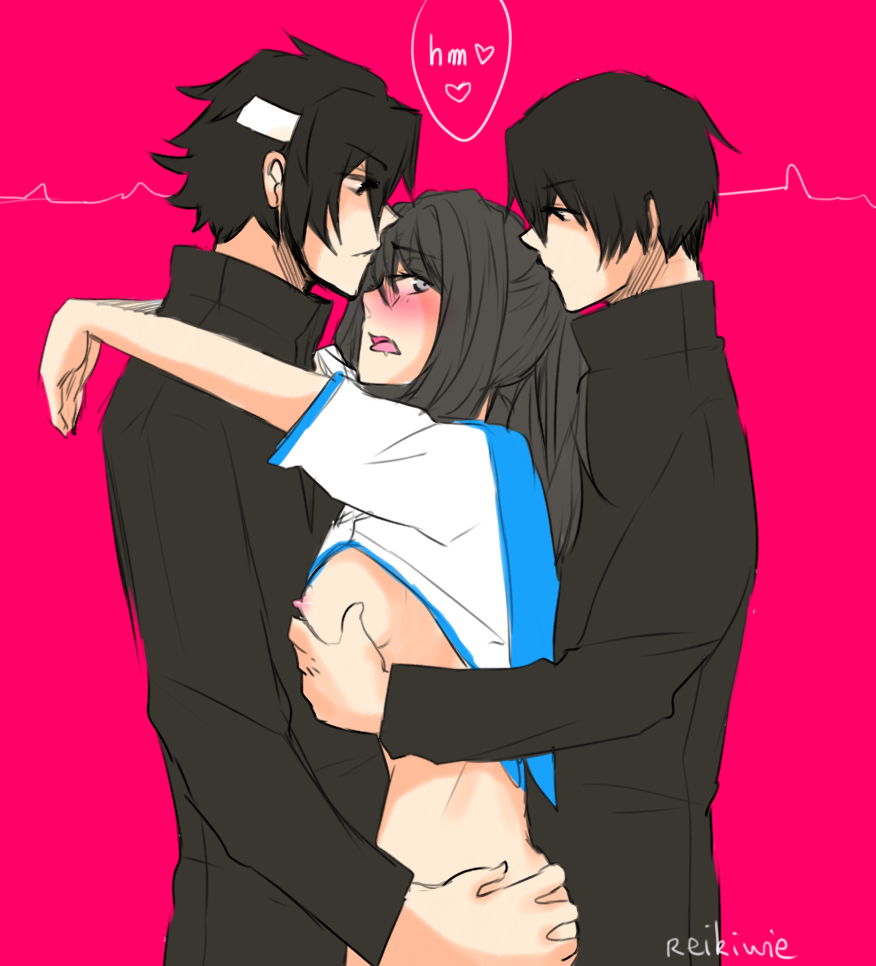 1girls 2boys 2boys1girl ass_grab ayano_aishi black_eyes black_hair budo_masuta clothed_male_nude_female exposed_breasts female groping reikiwie school_uniform taro_yamada threesome yandere_simulator