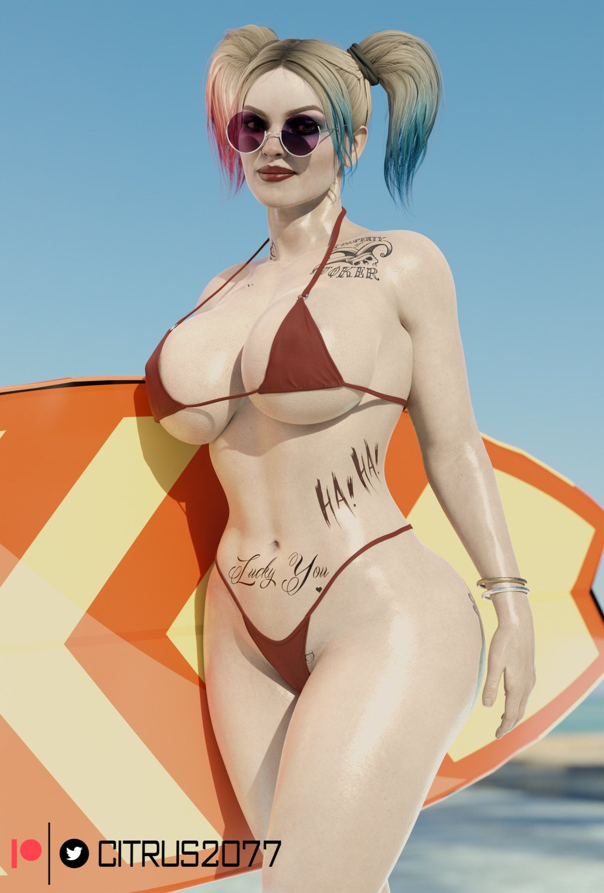 1girls, 3d, absurd res, batman (series), beach, big breasts, bikini, blonde hair, breasts, citrus2077, dc, dc comics, female, female only, harley quinn, harley quinn (injustice), hi res, huge breasts, injustice 2, large breasts, light skin, light-skinned female, nipples, pale skin, pale-skinned female, pigtails, purple-tinted eyewear, solo, sunglasses, surfboard, tattoo, tattoos, thick thighs, tinted eyewear, twintails, voluptuous, wide hips