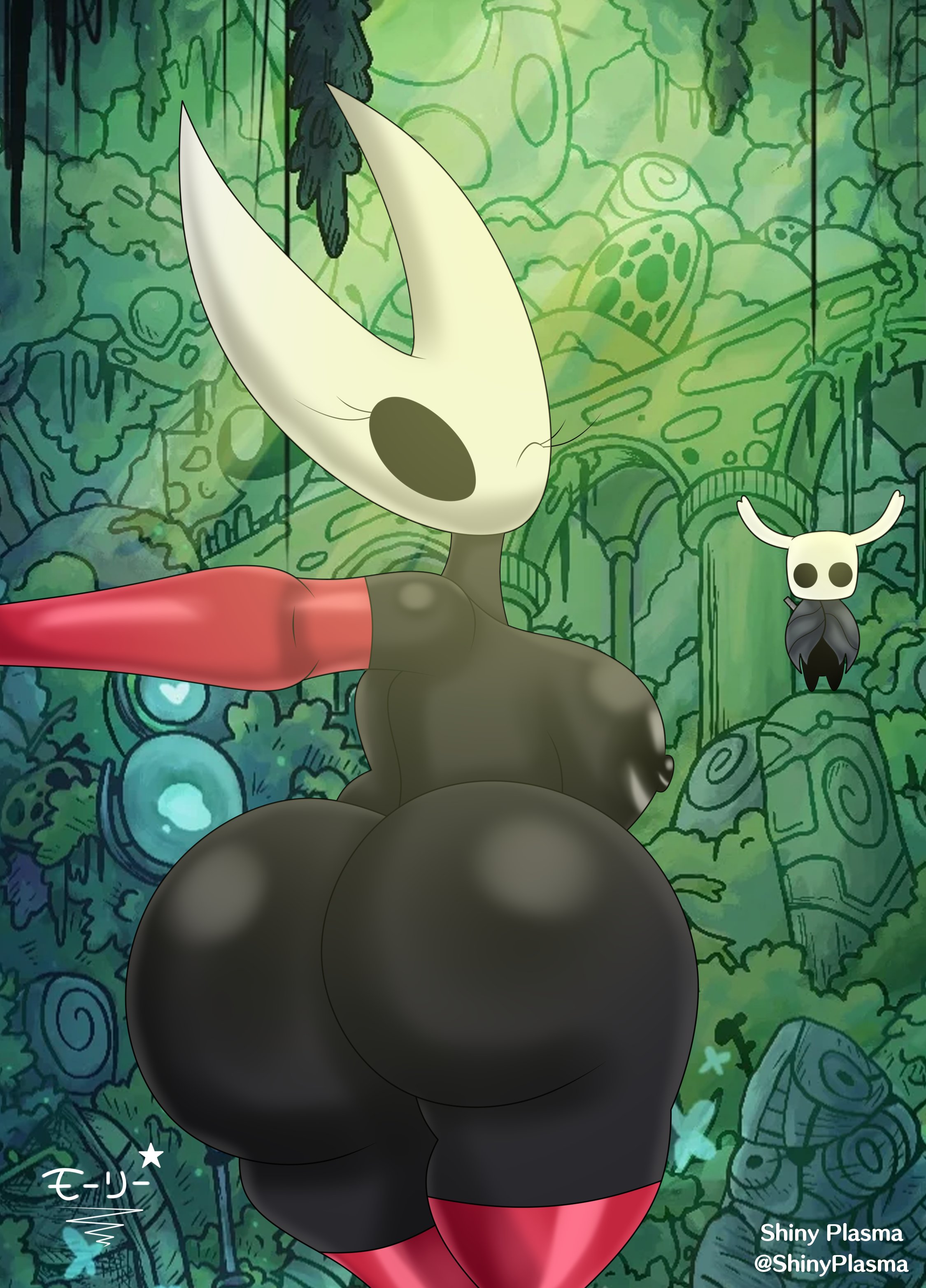 1boy, 1girls, ass, big breasts, black skin, breasts, clothed male nude female, eyebrowless, fat ass, female, female focus, hollow knight, hornet (hollow knight), huge ass, male, nipples, nude, nude female, one eye closed, selfie, solid eyes, superstarplasma, the knight (hollow knight), wink