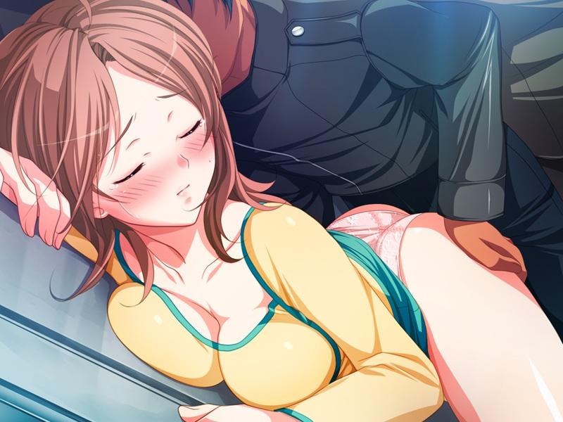 1boy 1girls blush breast_press breasts brown_hair chikan chikan_sen'you_sharyou chikan_senyou_sharyou cleavage closed_eyes game_cg hayasaka_kaori koizumi_amane large_breasts molestation panties public_indecency solo_focus straight tears underwear