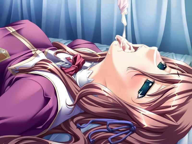 1girls brown_hair condom condom_drain cum cum_in_mouth drinking_from_condom empty_eyes game_cg gokkun green_eyes hatoba_sakura hikage_eiji lying nexton ribbon sei_dorei_gakuen st._slaves_academy tears tongue used_condom