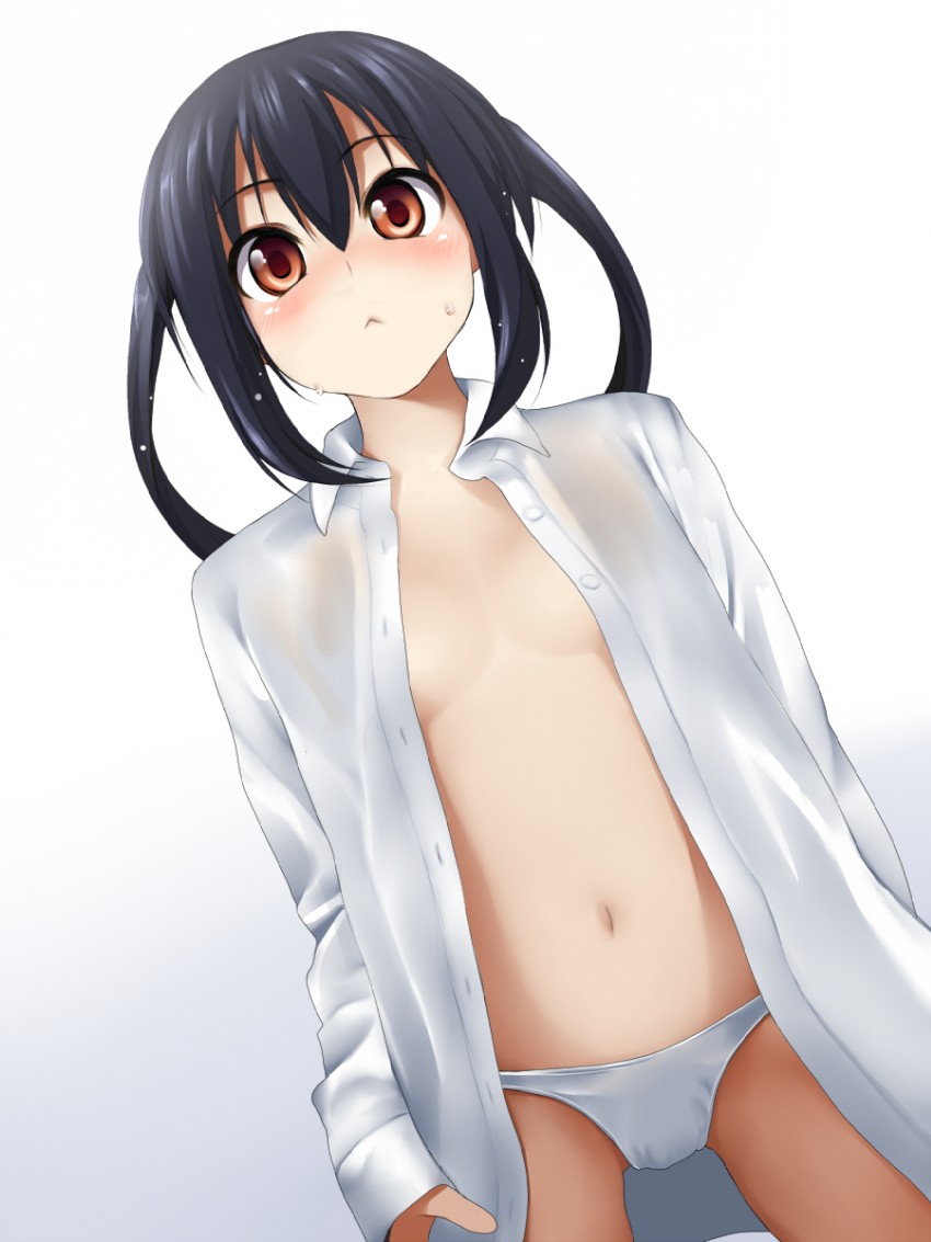 :< azusa_nakano_(k-on!) beauty_love black_hair blush brown_eyes female female_only high_res human human_only k-on! long_hair navel open_clothes open_shirt panties pettanko shirt solo sweat tied_hair twintails white_panties