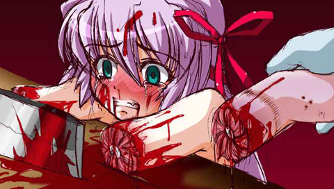 amputation arm beige_skin bleeding blood blood_stain bone color dismemberment female gore guro injury knife meat_cleaver open_wound purple_hair severed_arm skin wound