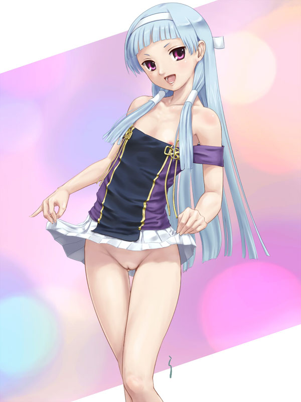 1girls blue_hair breasts clothing female female_only flat_chest kannagi nagi no_panties nopan pussy skirt skirt_lift solo tagme thigh_gap uncensored vagina