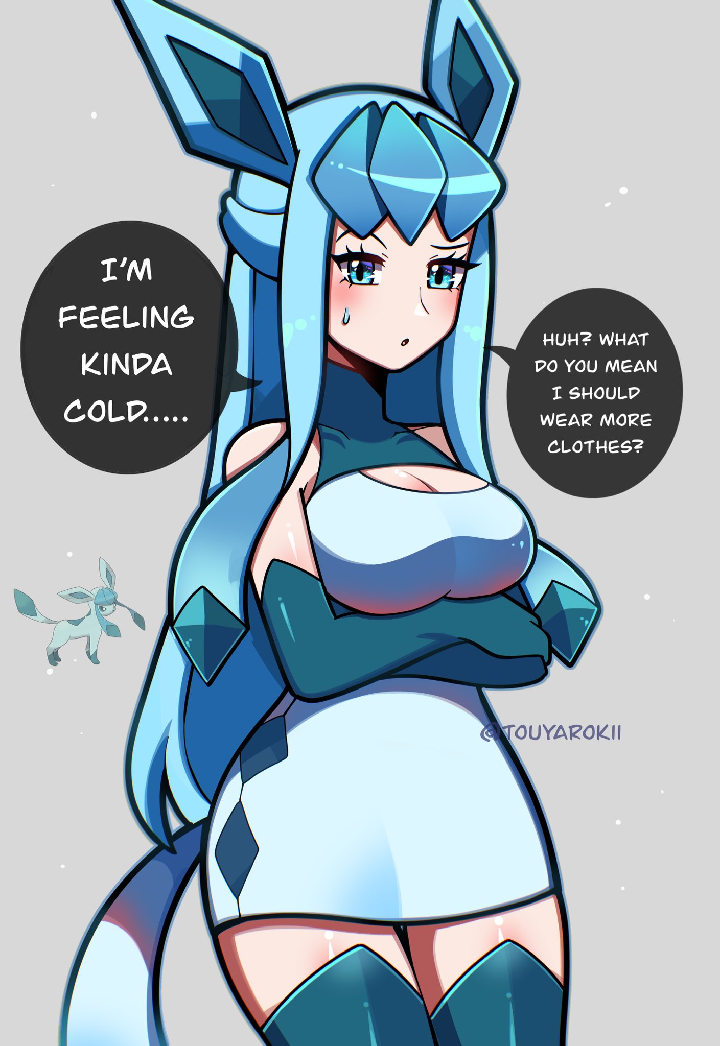 arms_crossed arms_under_breasts big_breasts cleavage curvy generation_4_pokemon glaceon glaceon_(cosplay) hourglass_figure humanized humanized_pokemon large_breasts looking_at_viewer pokemon pokemon_(cosplay) pokemon_(species) pokemon_dppt safe text thick_thighs touyarokii unamused wide_hips