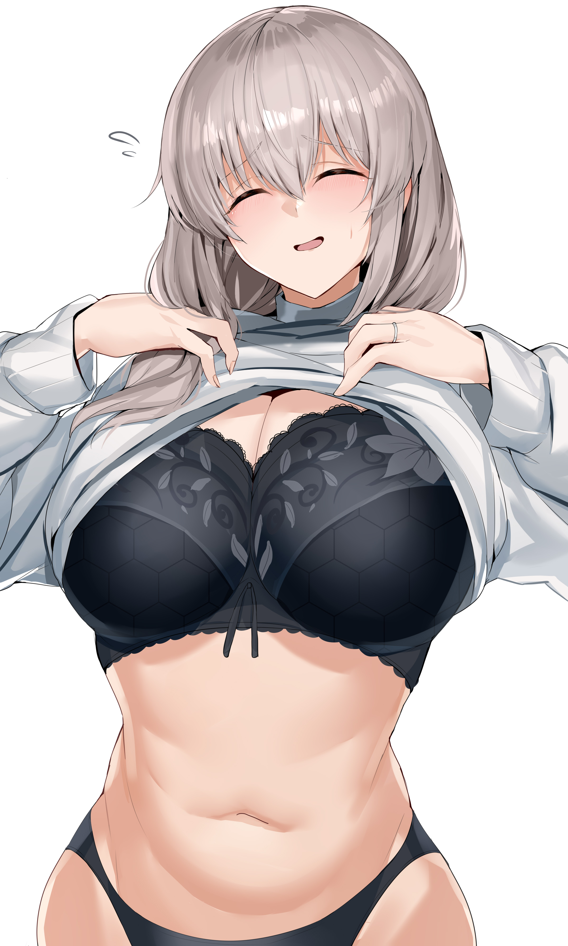 1girls, alternate version available, big breasts, black bra, black panties, blush, bottomwear, bra, breasts, cleavage, closed eyes, female, female only, grey hair, hair, handwear, huge breasts, lace, lace trim, lace-trimmed bra, lingerie, maruyaa (malya1006), mature, mature female, milf, mother, panties, ring, shirt, shirt lift, shirt up, smile, solo, solo female, topwear, uzaki tsuki, uzaki-chan wa asobitai!, white shirt