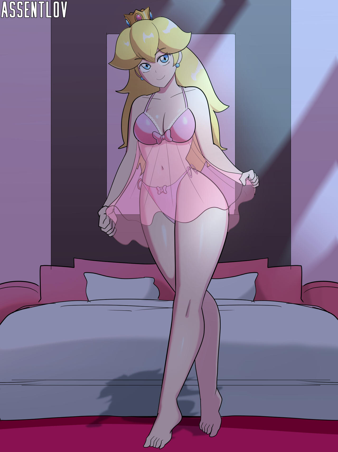 assentlov, blonde hair, blue eyes, feet, female, female only, mario (series), nightie, nintendo, princess peach, white skin
