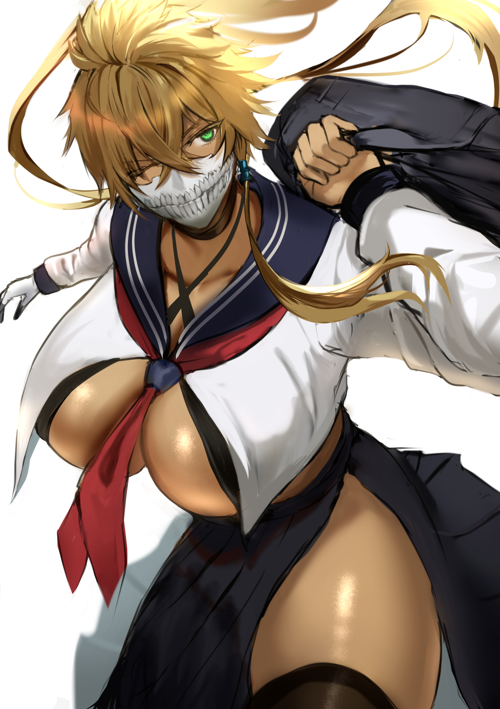 1girls 2023 alternate_costume bag big_breasts black_bra black_skirt black_thighhighs bleach blonde_hair bra breasts choker dark-skinned_female dark_skin female female_focus female_only green_eyes holding_object jikihatiman long_skirt long_sleeves looking_at_viewer mask masked_female one_eye_closed sailor_collar school_uniform short_hair sideboob skimpy solo solo_female solo_focus tan_body thick_thighs thighhighs thighs tia_harribel tomboy underboob white_background white_glove white_shirt