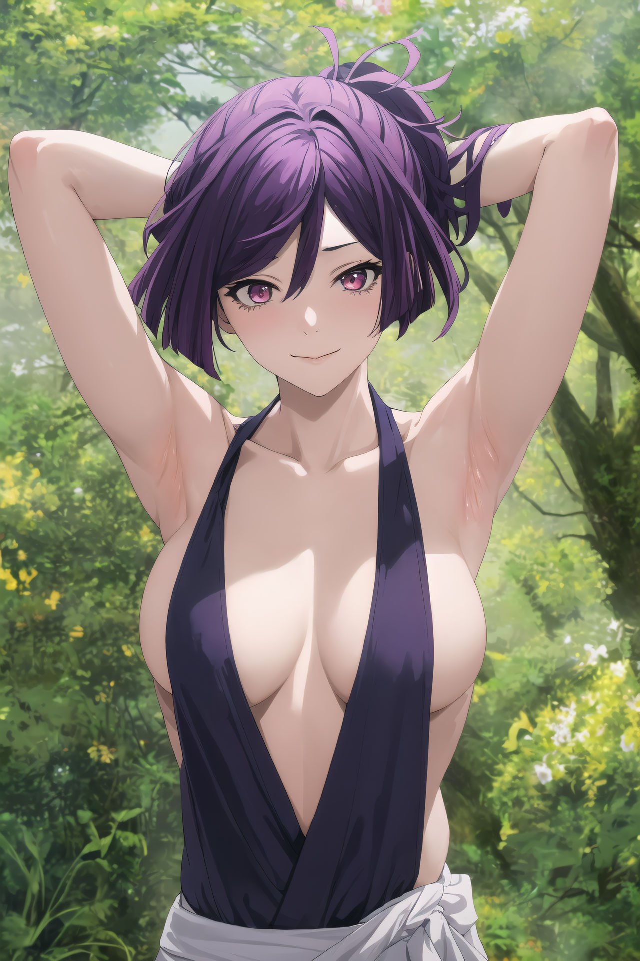 1girls, ai generated, armpits, arms behind head, big breasts, breasts, busty, female, female only, hi res, japanese clothes, jigokuraku, large breasts, looking at viewer, pose, posing, purple eyes, purple hair, sexy armpits, smile, solo, voluptuous, yuzuriha (jigokuraku)