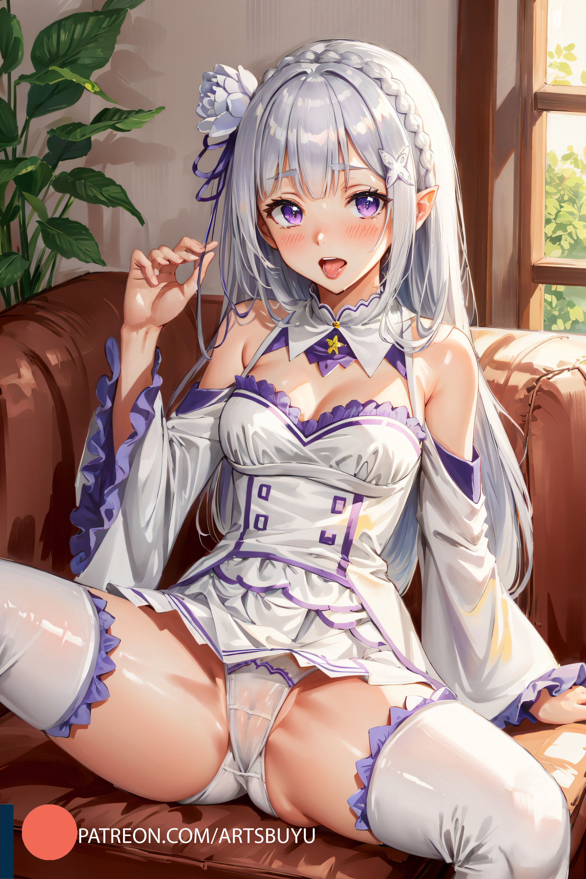 ahe gao, ai generated, blush, braid, breasts, cameltoe, dress, elf ears, emilia (re:zero), female, hair flower, hi res, long hair, medium breasts, on back, on couch, open mouth, panties, purple eyes, pussy, re:zero kara hajimeru isekai seikatsu, sitting, spread legs, spreading, stable diffusion, tongue, tongue out, wet pussy, white dress, white hair, white panties, white sleeves, white thighhighs