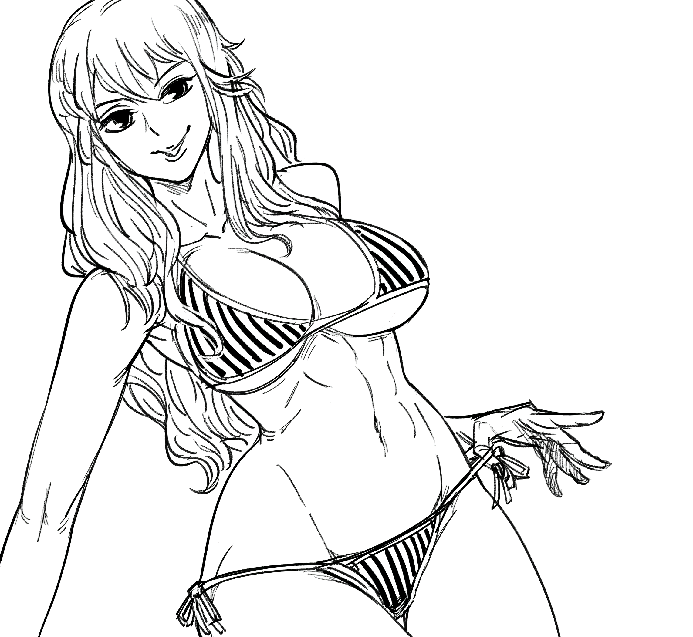 1girls, bare shoulders, bb (baalbuddy), big breasts, bikini, bikini pull, breasts, busty, child bearing hips, cleavage, clothes pull, curly hair, curvy, female, female only, highres, large breasts, looking at viewer, monochrome, nami (one piece), naughty face, navel, one piece, post-timeskip, side-tie bikini bottom, smile, solo, standing, striped, striped bikini, sweat, swimsuit, teasing, thigh gap, toned, vertical stripes, vertical-striped bikini, voluptuous, wide hips