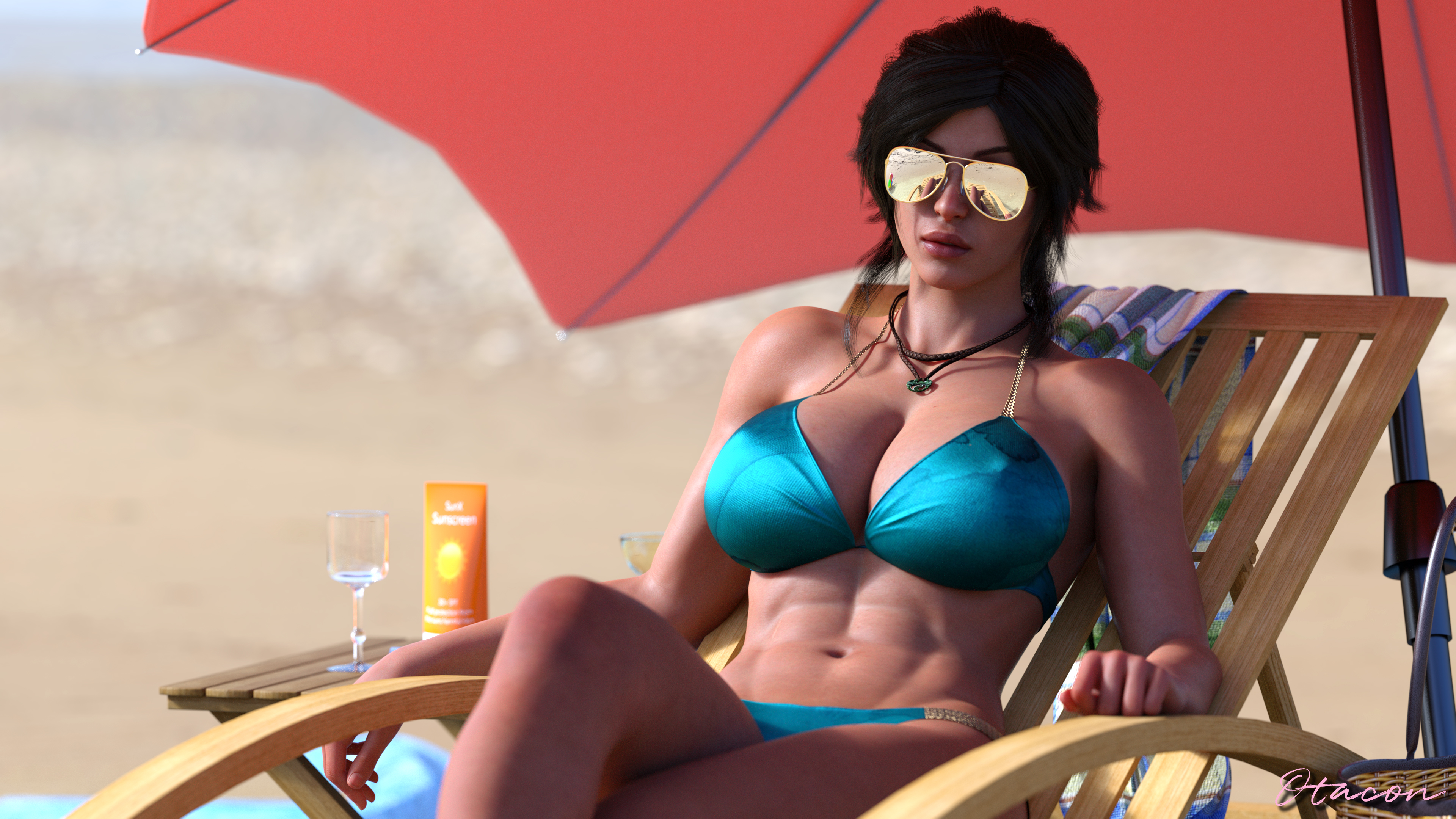 3d, abs, athletic, athletic female, aviator sunglasses, beach, big breasts, bikini, breasts, brown hair, busty, female, female focus, female only, hourglass figure, lara croft, lara croft (survivor), long hair, navel, necklace, otacon212, outdoors, outside, panties, ponytail, solo, sunglasses, tagme, tinted eyewear, tomb raider, tomb raider (survivor), wide hips