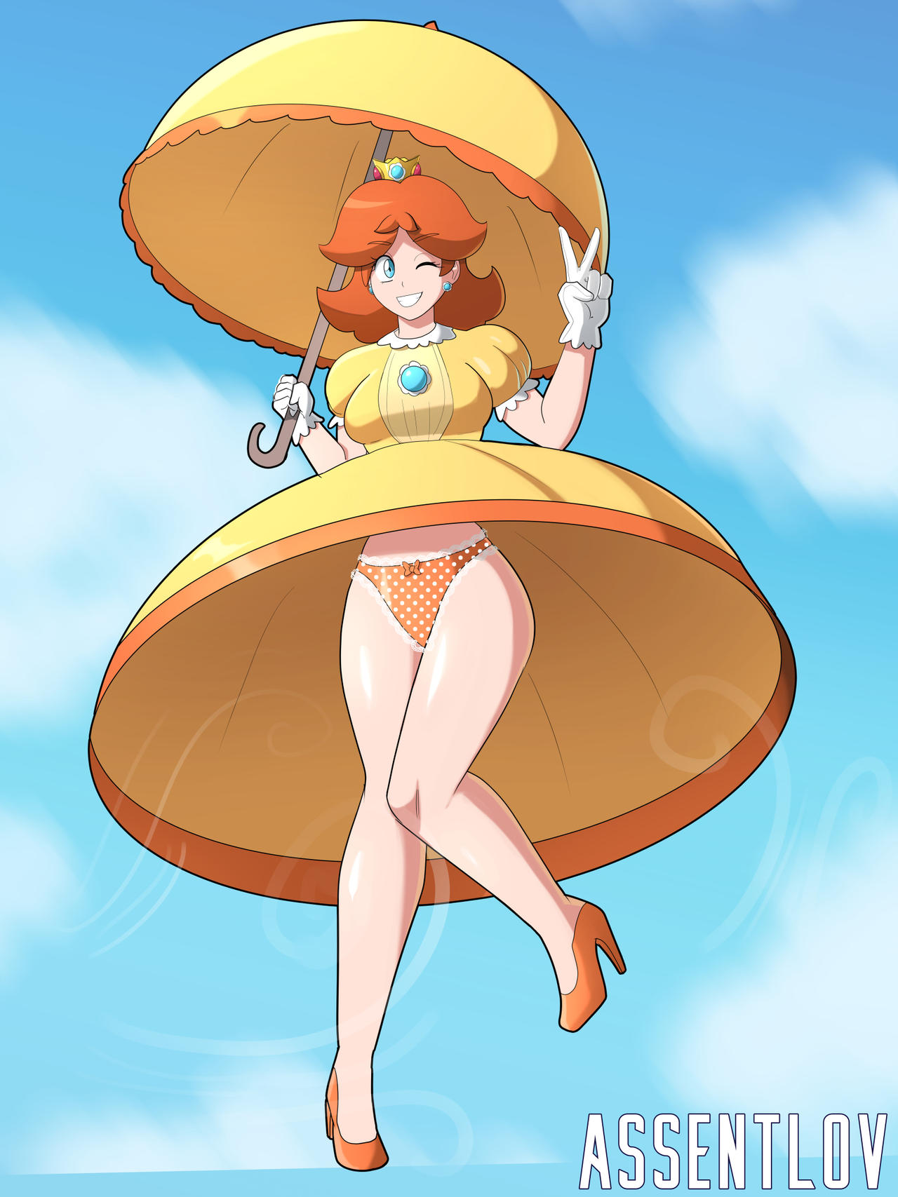 assentlov, blue eyes, brown hair, female, female only, mario (series), nintendo, panties, princess daisy, upskirt, white skin